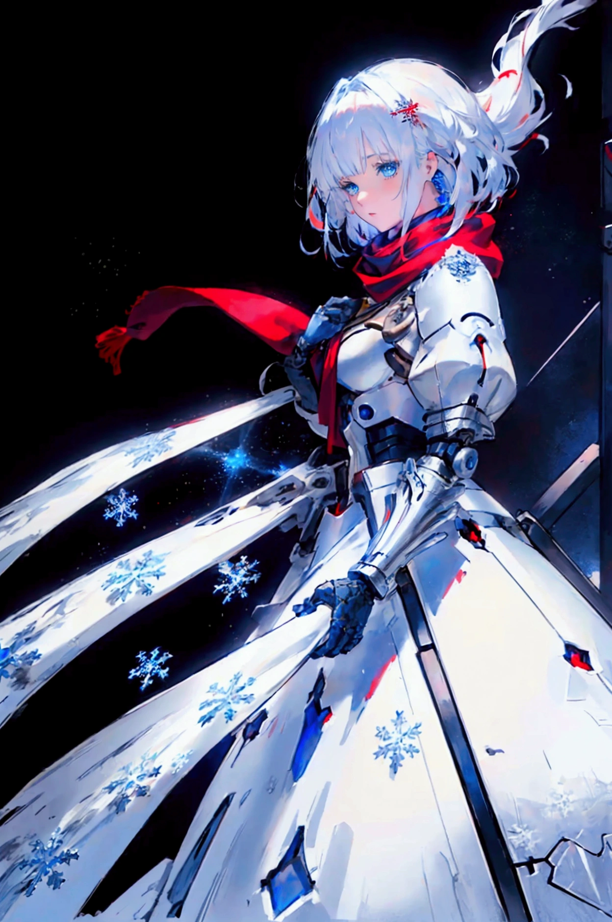 Black background with spotlight, snowflakes are falling,Wearing a red scarf, White jacket,Medium Hair, Blue and white hair,blue eyes,（Mechanized hand++, Very large gauntlet++）