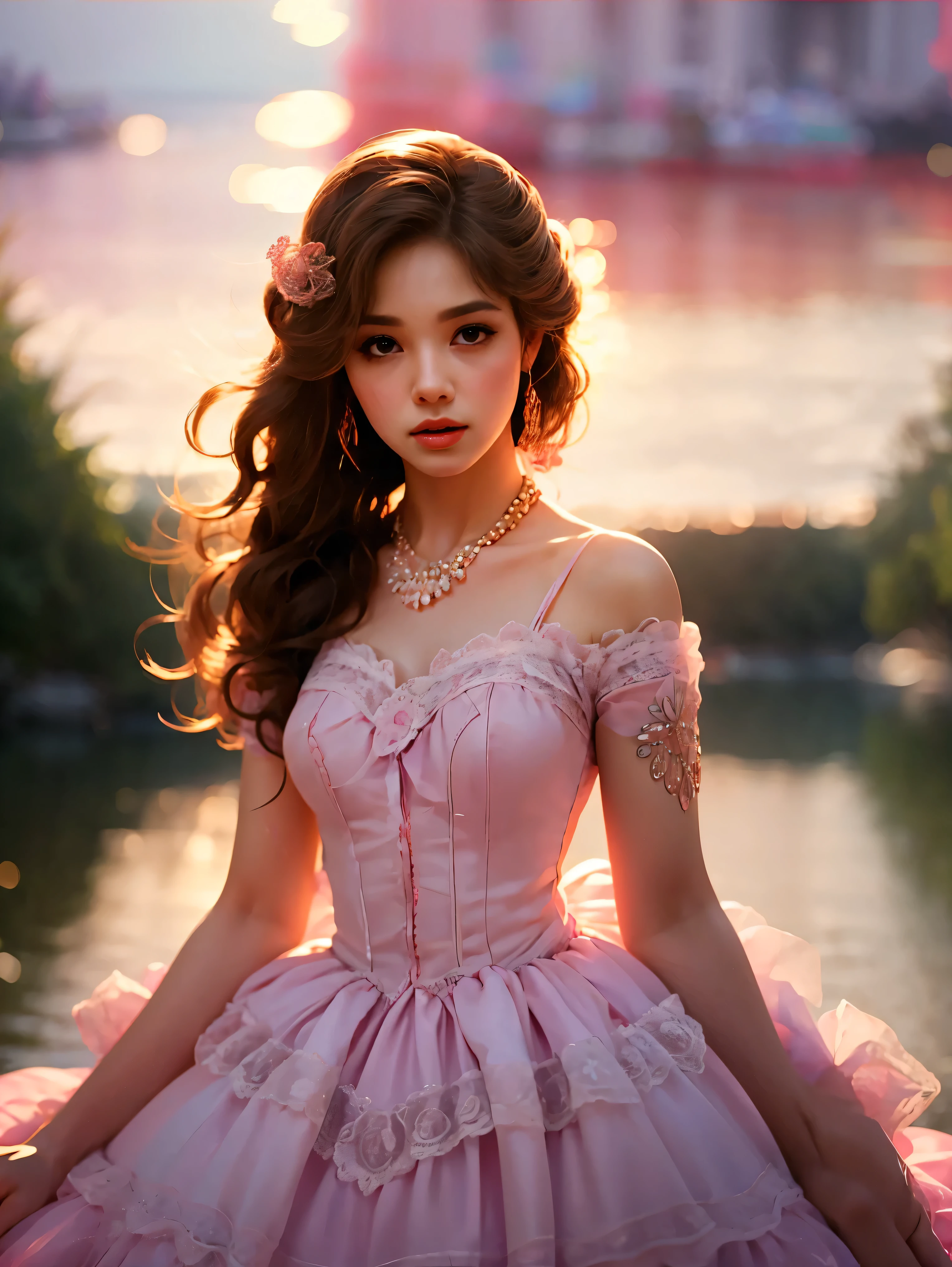 (vision)，(Panorama:1.5)，(Wide Angle Shooting:1.3)，One girl, Beauty, Short brown hair，Beautiful Eyes，Under the sunset、The pink sea is the background，ta Dress Style，Second Dimension，masterpiece，High quality and high resolution，comics，Small Fresh, (whole body:1.8), Ultra-high resolution, retina, Accurate, Anatomically correct, Textured Skin, Super detailed, Award-winning, Best Quality, 8k