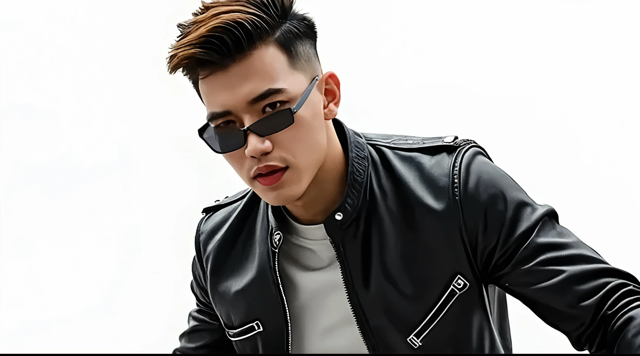 araffe wearing a black leather jacket and sunglasses standing on a skateboard, with sunglass, inspired by Zhang Han, with sunglasses, phong shaded, cai xukun, inspired by Ding Yunpeng, in style of kar wai wong, style kim jung gi, rick dai, bao pham, asian male, hyung tae, hsiao-ron, steve zheng