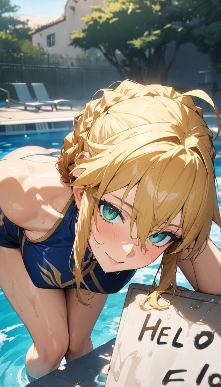 1girl, artoria pendragon \(lancer\) \(fate\), fate/grand order, hairclip,holding up sign "Hello",pool,wet hair,from above,leaning forward,seductive pose, uniform, smiling at viewer,(masterpiece:1.2), (best quality:1.2), (very aesthetic:1.2), (absurdres:1.2), (detailed background),newest, perfect anatomy