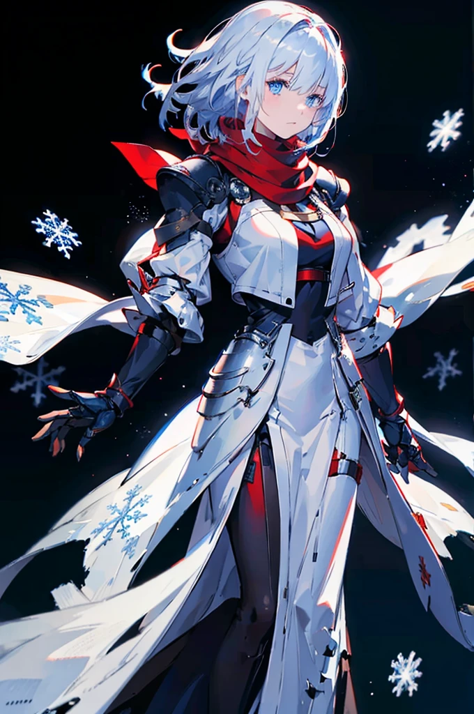 Black background with spotlight, snowflakes are falling,Wearing a red scarf, White jacket,Medium Hair, Blue and white hair,blue eyes,（Mechanized hand++, Very large gauntlet++）