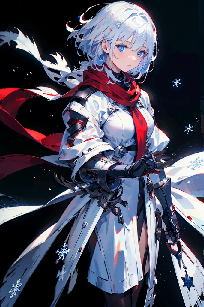 Black background with spotlight, snowflakes are falling,Wearing a red scarf, White jacket,Medium Hair, Blue and white hair,blue eyes,（Mechanized hand++, Very large gauntlet++）