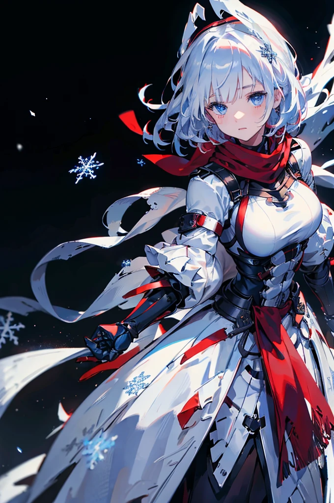 Black background with spotlight, snowflakes are falling,Wearing a red scarf, White jacket,Medium Hair, Blue and white hair,blue eyes,（Mechanized hand++, Very large gauntlet++）