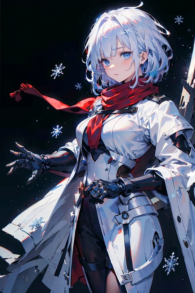 Black background with spotlight, snowflakes are falling,Wearing a red scarf, White jacket,Medium Hair, Blue and white hair,blue eyes,（Mechanized hand++, Very large gauntlet++）