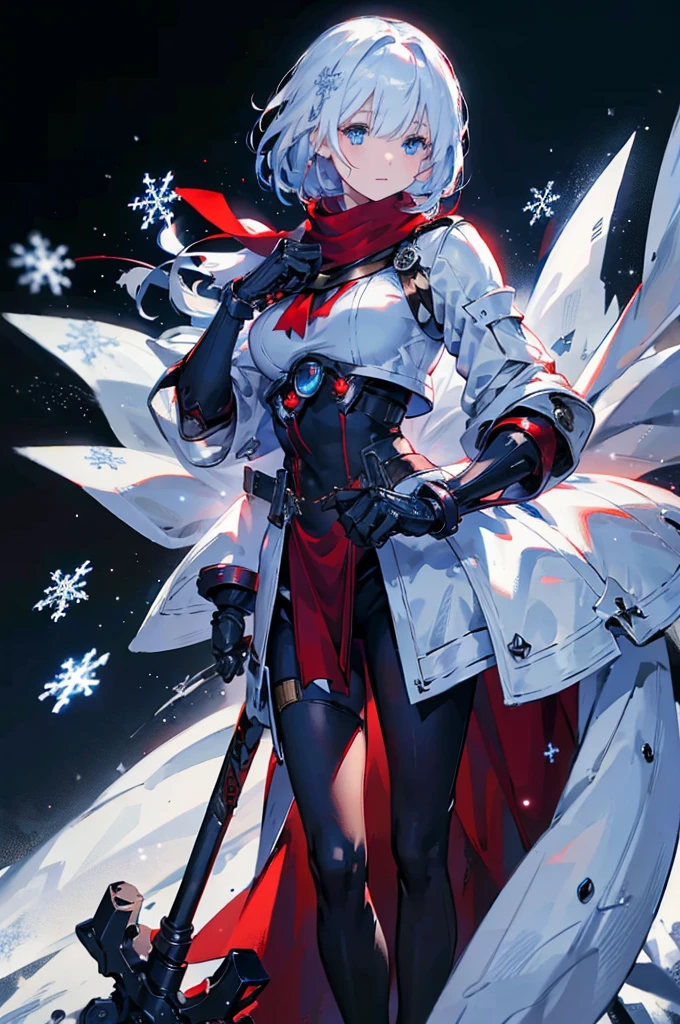 Black background with spotlight, snowflakes are falling,Wearing a red scarf, White jacket,Medium Hair, Blue and white hair,blue eyes,（Mechanized hand++, Very large gauntlet++）