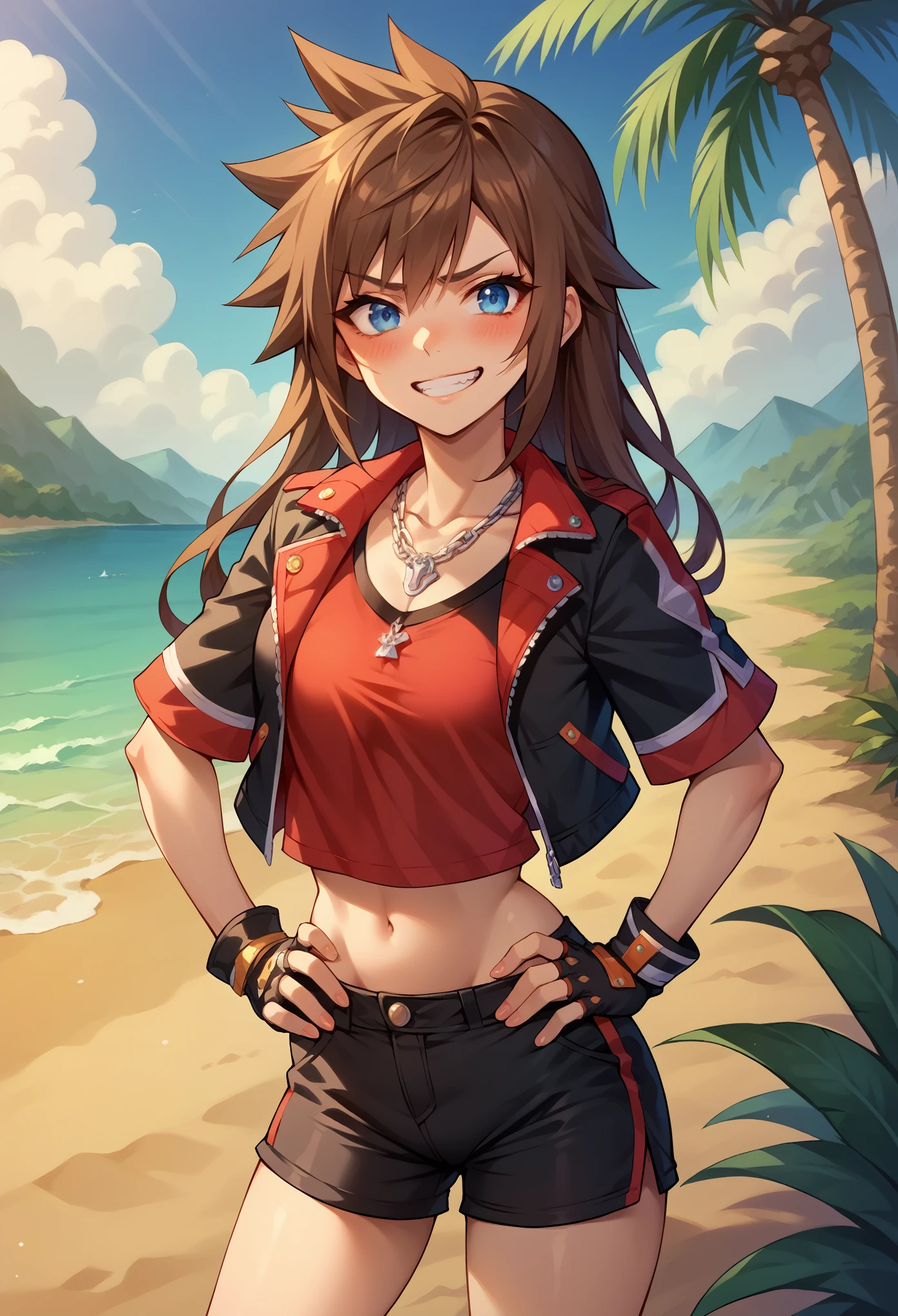 score_9, score_8_up, score_7_up, 1girl, solo, female focus, female body, skinny, sora, spiked hair, brown hair, (long hair:1.5), blue eyes, gloves, red details, red shirt, black jacket, black shorts, tight shorts, sleveeless, midriff, jewelry, fingerless gloves, necklace, standing, nervous, blushing, cowboy shot, hands on hip, grin, looking at you, island, sand, tropical