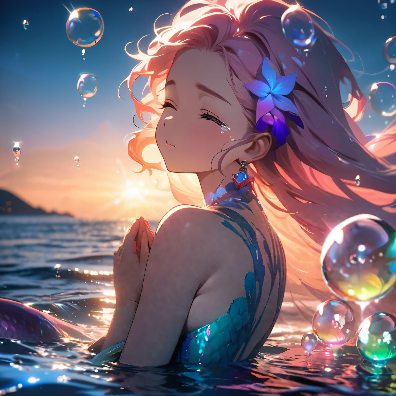 (best quality,8k,highres, masterpiece:1.2), (anime style),ultra-detailed, HDR, UHD, studio lighting, ultra-fine painting, sharp focus, physically-based rendering, extreme detail description, professional, vivid colors, bokeh, portraits, concept artists, warm color palette, dramatic lighting,in the sea,(morning sunshine shininig mermaid), the mermaid surrounded by a large number of bubbles, the bubbles shining in seven colors, the mermaid has her eyes closed, tears running down her cheeks, translucent bubbles, the mermaid disappearing, praying, the mermaid is shining in the sun,side view,