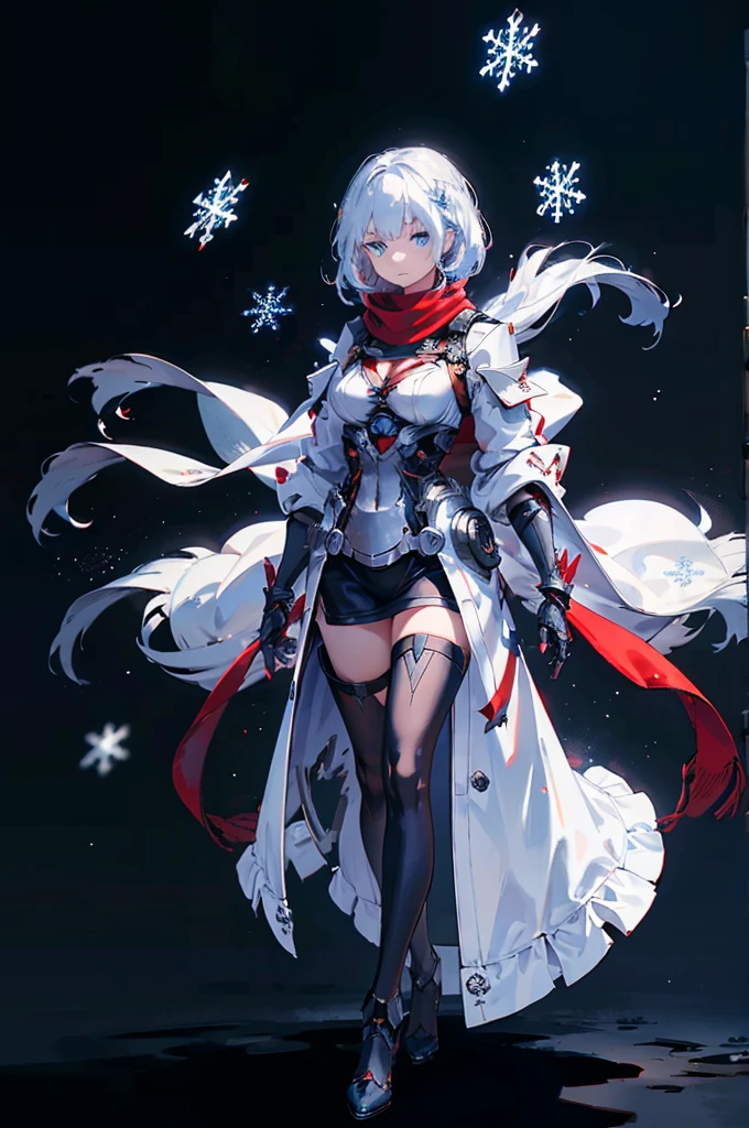 Full body painting, Black background with spotlight, snowflakes are falling,Wearing a red scarf, White jacket,Medium Hair, Blue and white hair,blue eyes,（Mechanized hand++, Very large gauntlet++）