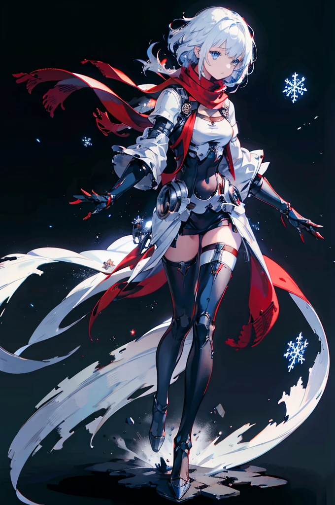 Full body painting, Black background with spotlight, snowflakes are falling,Wearing a red scarf, White jacket,Medium Hair, Blue and white hair,blue eyes,（Mechanized hand++, Very large gauntlet++）