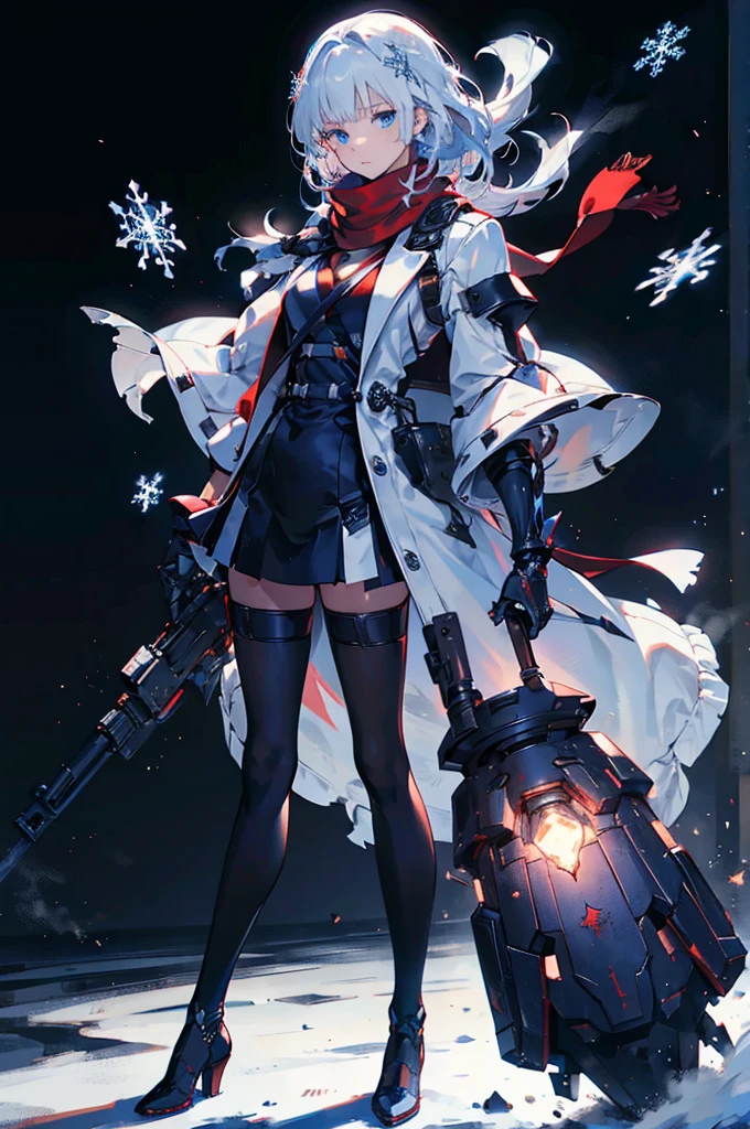 Full body painting, Black background with spotlight, snowflakes are falling,Wearing a red scarf, White jacket,Medium Hair, Blue and white hair,blue eyes,（Mechanized hand++, Very large gauntlet++）