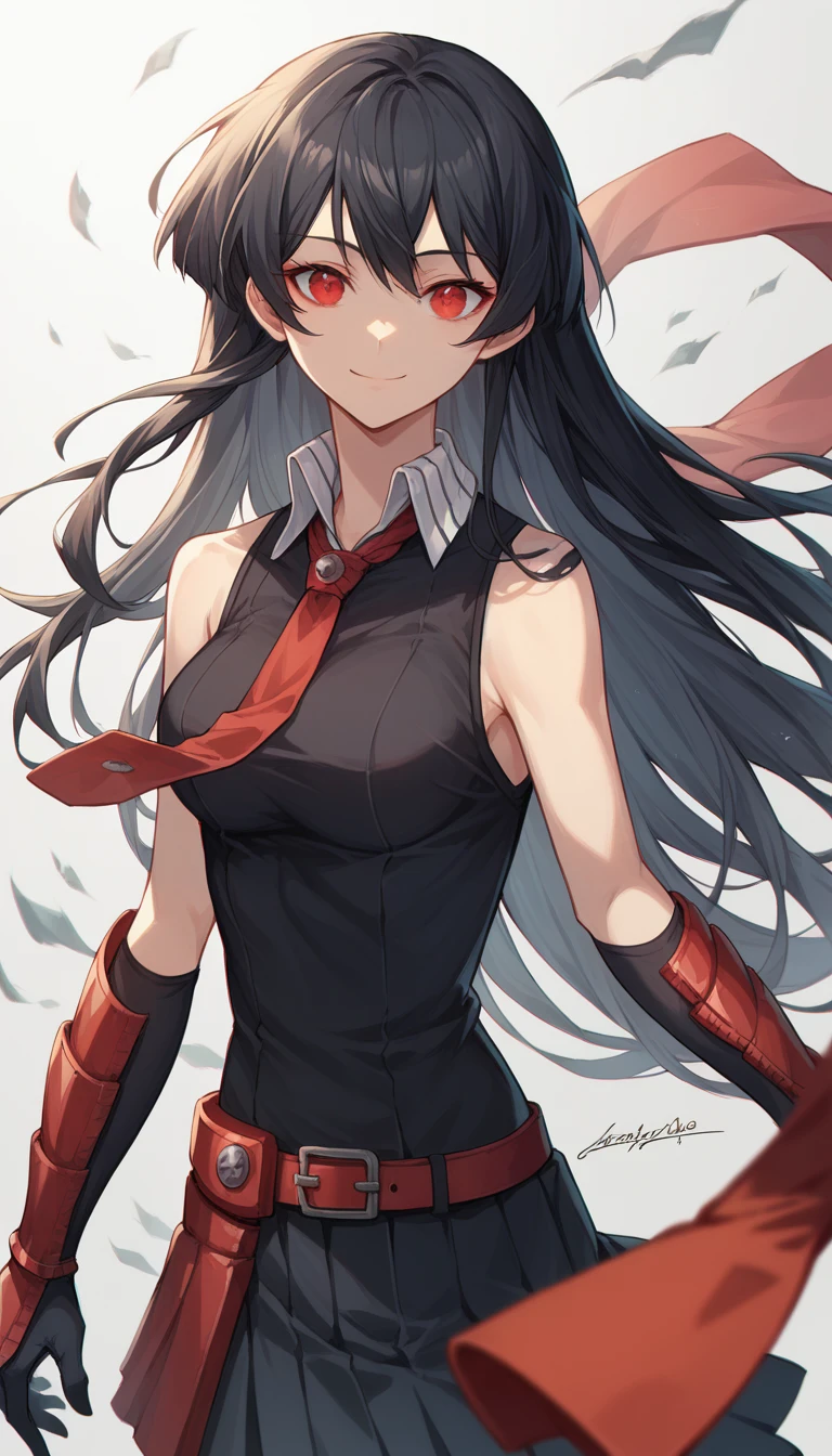 1girl,solo,red eyes, long hair, black hair, black dress, sleeveless, pleated skirt, black shirt, necktie, gauntlets, red belt,looking at me, smile face, anime art style, master piece, best quality, ultra details 