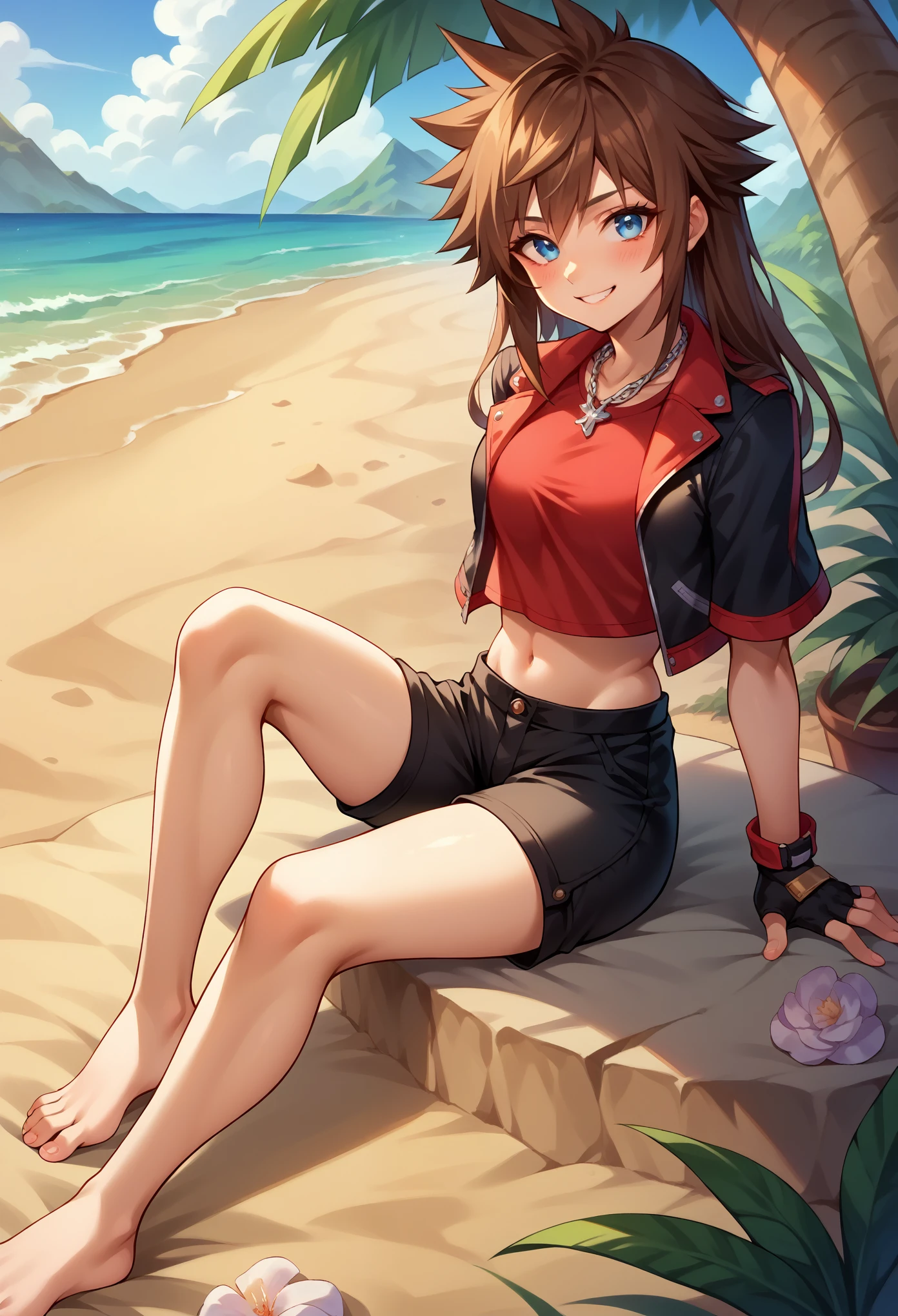 score_9, score_8_up, score_7_up, 1girl, solo, female focus, female body, skinny, sora, spiked hair, brown hair, (long hair:1.5), blue eyes, gloves, red details, red shirt, black jacket, black shorts, tight shorts, sleveeless, midriff, jewelry, fingerless gloves, necklace, sitting on ground, barefoot, blushing, smiling, , looking at you, island, sand, tropical