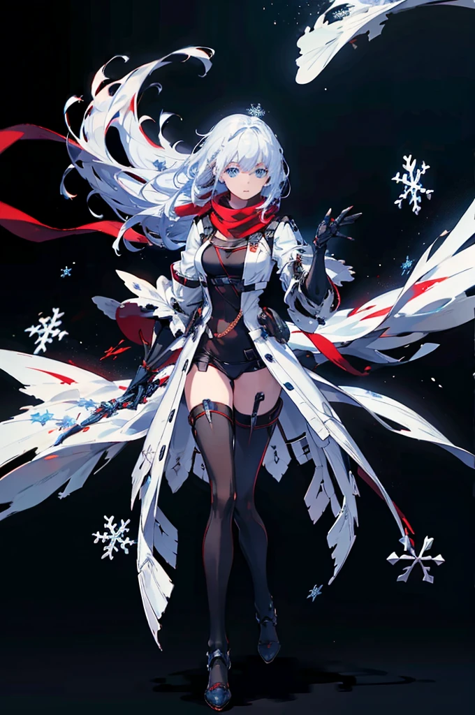 Full body painting, Black background with spotlight, snowflakes are falling,Wearing a red scarf, White jacket,Medium Hair, Blue and white hair,blue eyes,（Mechanized hand++, Very large gauntlet++）