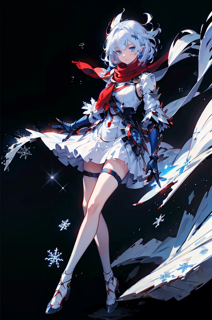 Full body painting, Black background with spotlight, snowflakes are falling,Wearing a red scarf, White jacket,Medium Hair, Blue and white hair,blue eyes,（Mechanized hand++, Very large gauntlet++）