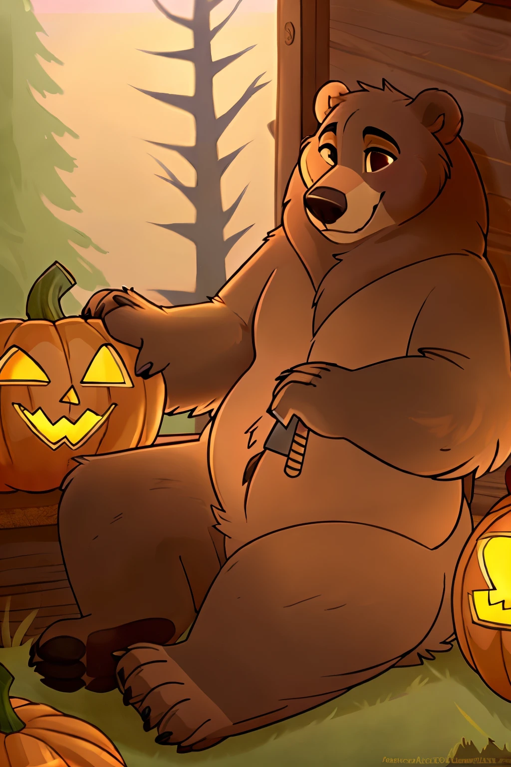 ((best quality)), ((masterpiece)), (detailed), (cartoon), bear, a bear sitting with his legs crossed on the porch of a forest cabin carving a pumpkin during the fall season with orange trees, the sun glazing threw between the branches of each tree, holding a knife with one hand as he stabs it into the pumpkin to make a smiling face, the other hand holding onto the bumpkin, bear looking to the side, looking at pumpkin, bear, fluffy, wolf paws with 4 fingers, bear feet (art done by letodoesart)