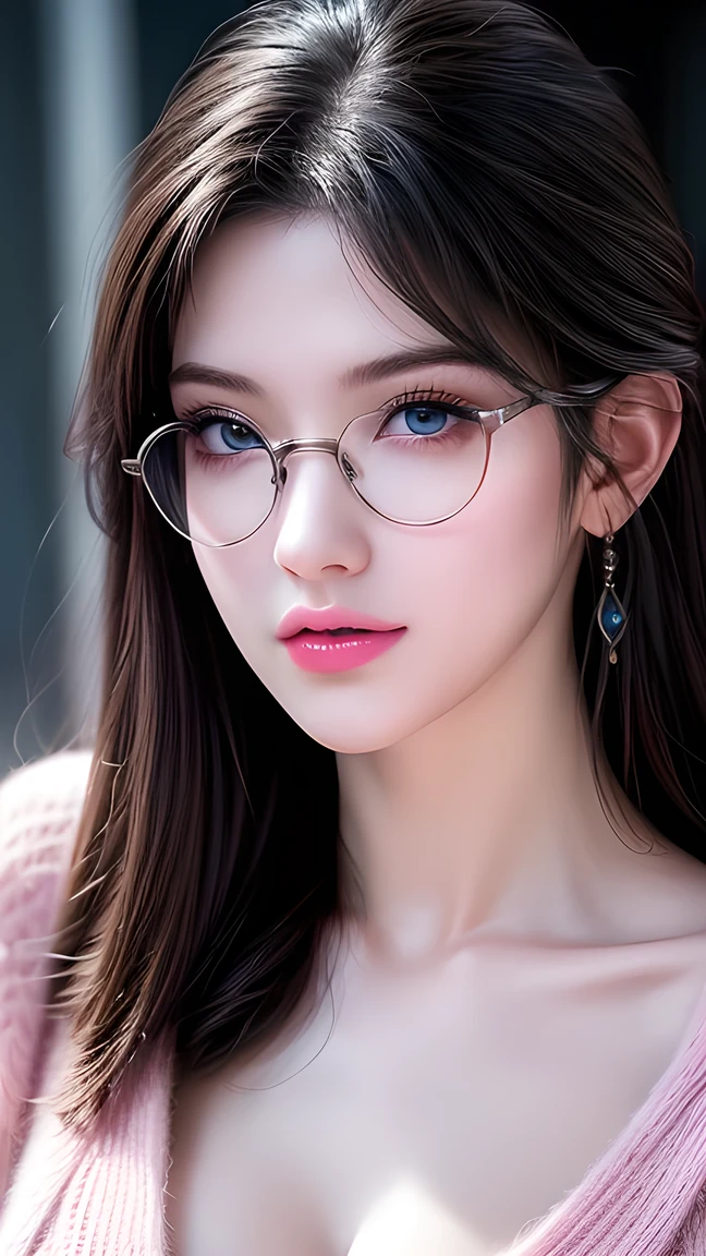 masterpiece, highest quality, Very detailed, Very detailed, Clear focus, Perfect face, Perfect face, Perfect symmetry perfect eyes, Perfect plump lips, Flexible female form, Movie, Film Light, Looks super detailed, hyper actual, masterpiece, atmosphere, high resolution, Vibrant, Expression of happiness, Straight bangs, Blue Eyes, Wearing glasses,Pink sweater, Cowboy shooting, Medium breasts,Erect nipples。
