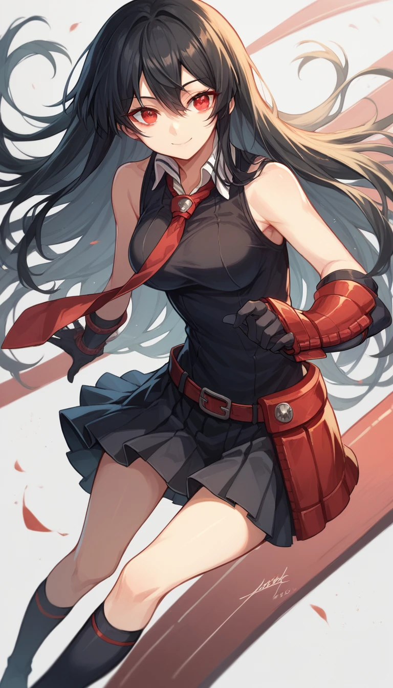 1girl,solo,red eyes, long hair, black hair, black dress, sleeveless, pleated skirt, black shirt, necktie, gauntlets, red belt,looking at me, smile face, anime art style, master piece, best quality, ultra details 