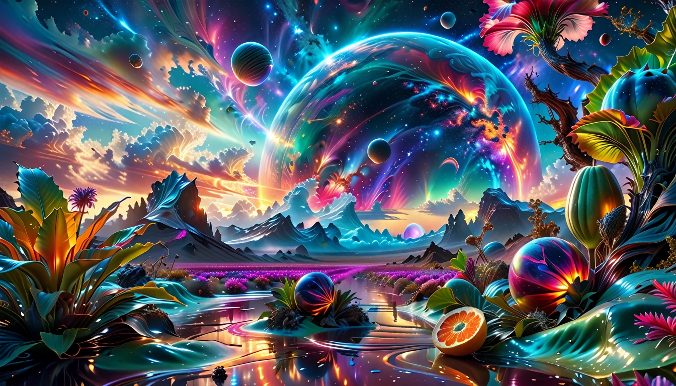 A Masterpiece In 32K Resolution, Supreme Quality, Super Detail, Official Art, Very High-Resolution 32K Wallpaper, Beautiful And Aesthetic, Ultra-Detailed Features, Awe-Inspiring Detail. A Breathtaking, Surreal Alien Landscape That Embodies The Wonders Of Interstellar Travel, With A Magnificent, Star-Filled Sky Stretching Across A Vibrant, Colorful Horizon. Strange, Exotic Alien Flowers Of All Shapes And Sizes Bloom Throughout The Scene, Surrounded By An Array Of Luscious, Otherworldly Fruits. The Image Is Rendered In Stunning 4K Or 8K Resolution, Capturing Every Intricate Detail With Perfection. The Scene Is Both Hyper-Realistic And Visually Immersive, Blending Advanced Illustration Techniques With 3D Rendering To Create A Masterpiece Of Craftsmanship. The Vivid Colors Enhance The Surreal Atmosphere, While The Meticulously Designed Lighting Captures Intricate Shifts In Light And Shadow, Adding Layers Of Depth And Richness To The Scene. Every Detail Is Presented With Unparalleled Clarity, Drawing The Viewer Into A Magical, Awe-Inspiring Realm. This Work Stirs Curiosity And Wonder, Inviting The Audience To Experience The Extraordinary Beauty Of Nature In An Entirely New Dimension.