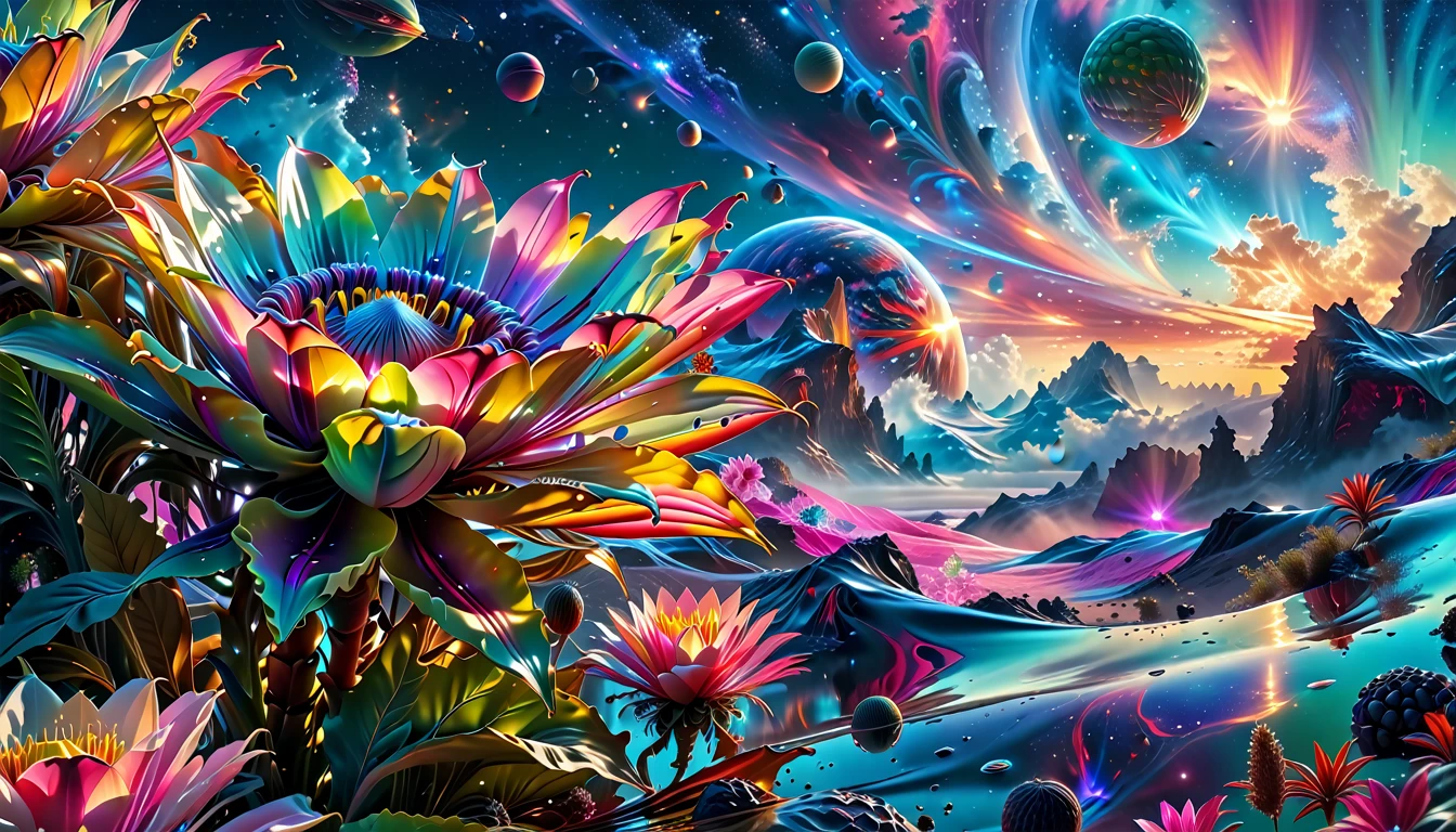 A Masterpiece In 32K Resolution, Supreme Quality, Super Detail, Official Art, Very High-Resolution 32K Wallpaper, Beautiful And Aesthetic, Ultra-Detailed Features, Awe-Inspiring Detail. A Breathtaking, Surreal Alien Landscape That Embodies The Wonders Of Interstellar Travel, With A Magnificent, Star-Filled Sky Stretching Across A Vibrant, Colorful Horizon. Strange, Exotic Alien Flowers Of All Shapes And Sizes Bloom Throughout The Scene, Surrounded By An Array Of Luscious, Otherworldly Fruits. The Image Is Rendered In Stunning 4K Or 8K Resolution, Capturing Every Intricate Detail With Perfection. The Scene Is Both Hyper-Realistic And Visually Immersive, Blending Advanced Illustration Techniques With 3D Rendering To Create A Masterpiece Of Craftsmanship. The Vivid Colors Enhance The Surreal Atmosphere, While The Meticulously Designed Lighting Captures Intricate Shifts In Light And Shadow, Adding Layers Of Depth And Richness To The Scene. Every Detail Is Presented With Unparalleled Clarity, Drawing The Viewer Into A Magical, Awe-Inspiring Realm. This Work Stirs Curiosity And Wonder, Inviting The Audience To Experience The Extraordinary Beauty Of Nature In An Entirely New Dimension.