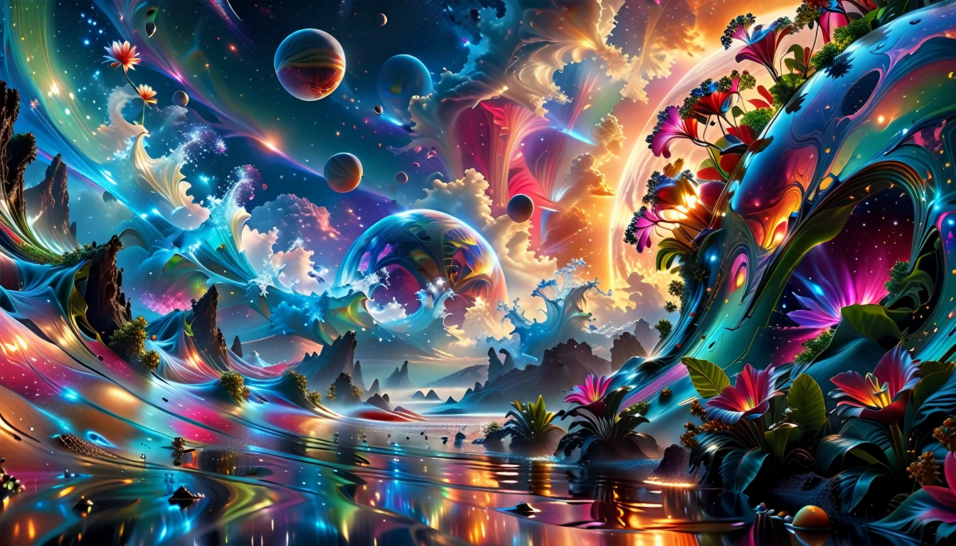 A Masterpiece In 32K Resolution, Supreme Quality, Super Detail, Official Art, Very High-Resolution 32K Wallpaper, Beautiful And Aesthetic, Ultra-Detailed Features, Awe-Inspiring Detail. A Breathtaking, Surreal Alien Landscape That Embodies The Wonders Of Interstellar Travel, With A Magnificent, Star-Filled Sky Stretching Across A Vibrant, Colorful Horizon. Strange, Exotic Alien Flowers Of All Shapes And Sizes Bloom Throughout The Scene, Surrounded By An Array Of Luscious, Otherworldly Fruits. The Image Is Rendered In Stunning 4K Or 8K Resolution, Capturing Every Intricate Detail With Perfection. The Scene Is Both Hyper-Realistic And Visually Immersive, Blending Advanced Illustration Techniques With 3D Rendering To Create A Masterpiece Of Craftsmanship. The Vivid Colors Enhance The Surreal Atmosphere, While The Meticulously Designed Lighting Captures Intricate Shifts In Light And Shadow, Adding Layers Of Depth And Richness To The Scene. Every Detail Is Presented With Unparalleled Clarity, Drawing The Viewer Into A Magical, Awe-Inspiring Realm. This Work Stirs Curiosity And Wonder, Inviting The Audience To Experience The Extraordinary Beauty Of Nature In An Entirely New Dimension.