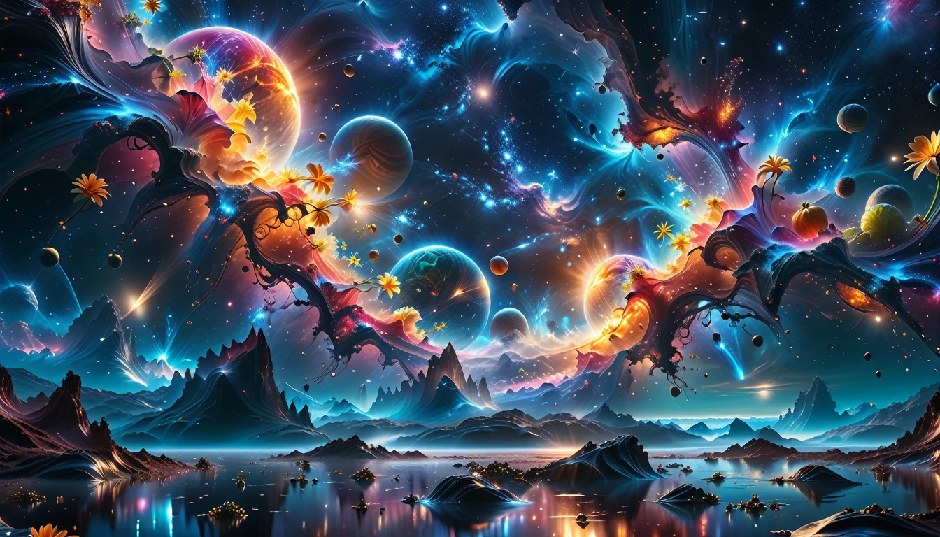 A Masterpiece In 32K Resolution, Supreme Quality, Super Detail, Official Art, Very High-Resolution 32K Wallpaper, Beautiful And Aesthetic, Ultra-Detailed Features, Awe-Inspiring Detail. A Breathtaking, Surreal Alien Landscape That Embodies The Wonders Of Interstellar Travel, With A Magnificent, Star-Filled Sky Stretching Across A Vibrant, Colorful Horizon. Strange, Exotic Alien Flowers Of All Shapes And Sizes Bloom Throughout The Scene, Surrounded By An Array Of Luscious, Otherworldly Fruits. The Image Is Rendered In Stunning 4K Or 8K Resolution, Capturing Every Intricate Detail With Perfection. The Scene Is Both Hyper-Realistic And Visually Immersive, Blending Advanced Illustration Techniques With 3D Rendering To Create A Masterpiece Of Craftsmanship. The Vivid Colors Enhance The Surreal Atmosphere, While The Meticulously Designed Lighting Captures Intricate Shifts In Light And Shadow, Adding Layers Of Depth And Richness To The Scene. Every Detail Is Presented With Unparalleled Clarity, Drawing The Viewer Into A Magical, Awe-Inspiring Realm. This Work Stirs Curiosity And Wonder, Inviting The Audience To Experience The Extraordinary Beauty Of Nature In An Entirely New Dimension.