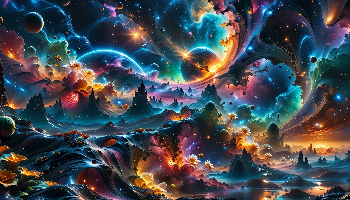 A Masterpiece In 32K Resolution, Supreme Quality, Super Detail, Official Art, Very High-Resolution 32K Wallpaper, Beautiful And Aesthetic, Ultra-Detailed Features, Awe-Inspiring Detail. A Breathtaking, Surreal Alien Landscape That Embodies The Wonders Of Interstellar Travel, With A Magnificent, Star-Filled Sky Stretching Across A Vibrant, Colorful Horizon. Strange, Exotic Alien Flowers Of All Shapes And Sizes Bloom Throughout The Scene, Surrounded By An Array Of Luscious, Otherworldly Fruits. The Image Is Rendered In Stunning 4K Or 8K Resolution, Capturing Every Intricate Detail With Perfection. The Scene Is Both Hyper-Realistic And Visually Immersive, Blending Advanced Illustration Techniques With 3D Rendering To Create A Masterpiece Of Craftsmanship. The Vivid Colors Enhance The Surreal Atmosphere, While The Meticulously Designed Lighting Captures Intricate Shifts In Light And Shadow, Adding Layers Of Depth And Richness To The Scene. Every Detail Is Presented With Unparalleled Clarity, Drawing The Viewer Into A Magical, Awe-Inspiring Realm. This Work Stirs Curiosity And Wonder, Inviting The Audience To Experience The Extraordinary Beauty Of Nature In An Entirely New Dimension.