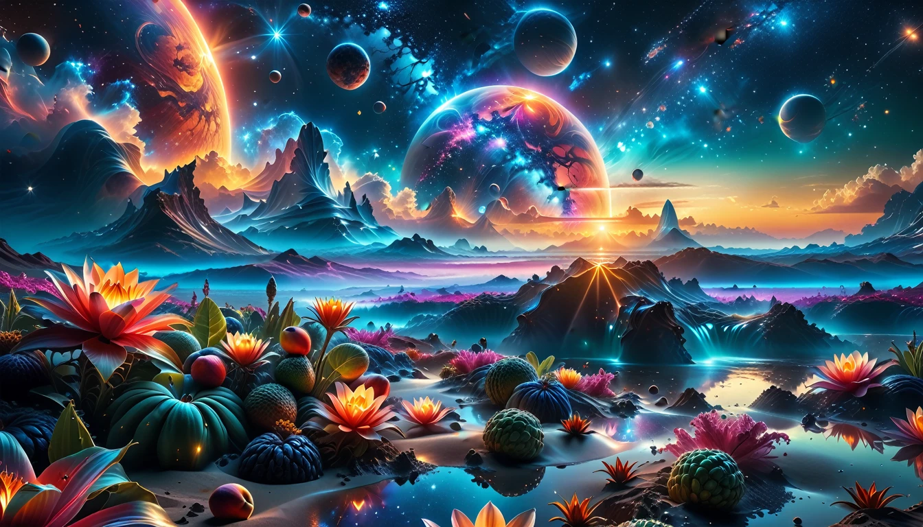 A Masterpiece In 32K Resolution, Supreme Quality, Super Detail, Official Art, Very High-Resolution 32K Wallpaper, Beautiful And Aesthetic, Ultra-Detailed Features, Awe-Inspiring Detail. A Breathtaking, Surreal Alien Landscape That Embodies The Wonders Of Interstellar Travel, With A Magnificent, Star-Filled Sky Stretching Across A Vibrant, Colorful Horizon. Strange, Exotic Alien Flowers Of All Shapes And Sizes Bloom Throughout The Scene, Surrounded By An Array Of Luscious, Otherworldly Fruits. The Image Is Rendered In Stunning 4K Or 8K Resolution, Capturing Every Intricate Detail With Perfection. The Scene Is Both Hyper-Realistic And Visually Immersive, Blending Advanced Illustration Techniques With 3D Rendering To Create A Masterpiece Of Craftsmanship. The Vivid Colors Enhance The Surreal Atmosphere, While The Meticulously Designed Lighting Captures Intricate Shifts In Light And Shadow, Adding Layers Of Depth And Richness To The Scene. Every Detail Is Presented With Unparalleled Clarity, Drawing The Viewer Into A Magical, Awe-Inspiring Realm. This Work Stirs Curiosity And Wonder, Inviting The Audience To Experience The Extraordinary Beauty Of Nature In An Entirely New Dimension.