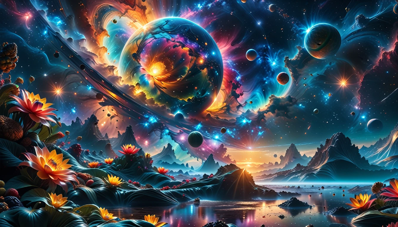 A Masterpiece In 32K Resolution, Supreme Quality, Super Detail, Official Art, Very High-Resolution 32K Wallpaper, Beautiful And Aesthetic, Ultra-Detailed Features, Awe-Inspiring Detail. A Breathtaking, Surreal Alien Landscape That Embodies The Wonders Of Interstellar Travel, With A Magnificent, Star-Filled Sky Stretching Across A Vibrant, Colorful Horizon. Strange, Exotic Alien Flowers Of All Shapes And Sizes Bloom Throughout The Scene, Surrounded By An Array Of Luscious, Otherworldly Fruits. The Image Is Rendered In Stunning 4K Or 8K Resolution, Capturing Every Intricate Detail With Perfection. The Scene Is Both Hyper-Realistic And Visually Immersive, Blending Advanced Illustration Techniques With 3D Rendering To Create A Masterpiece Of Craftsmanship. The Vivid Colors Enhance The Surreal Atmosphere, While The Meticulously Designed Lighting Captures Intricate Shifts In Light And Shadow, Adding Layers Of Depth And Richness To The Scene. Every Detail Is Presented With Unparalleled Clarity, Drawing The Viewer Into A Magical, Awe-Inspiring Realm. This Work Stirs Curiosity And Wonder, Inviting The Audience To Experience The Extraordinary Beauty Of Nature In An Entirely New Dimension.