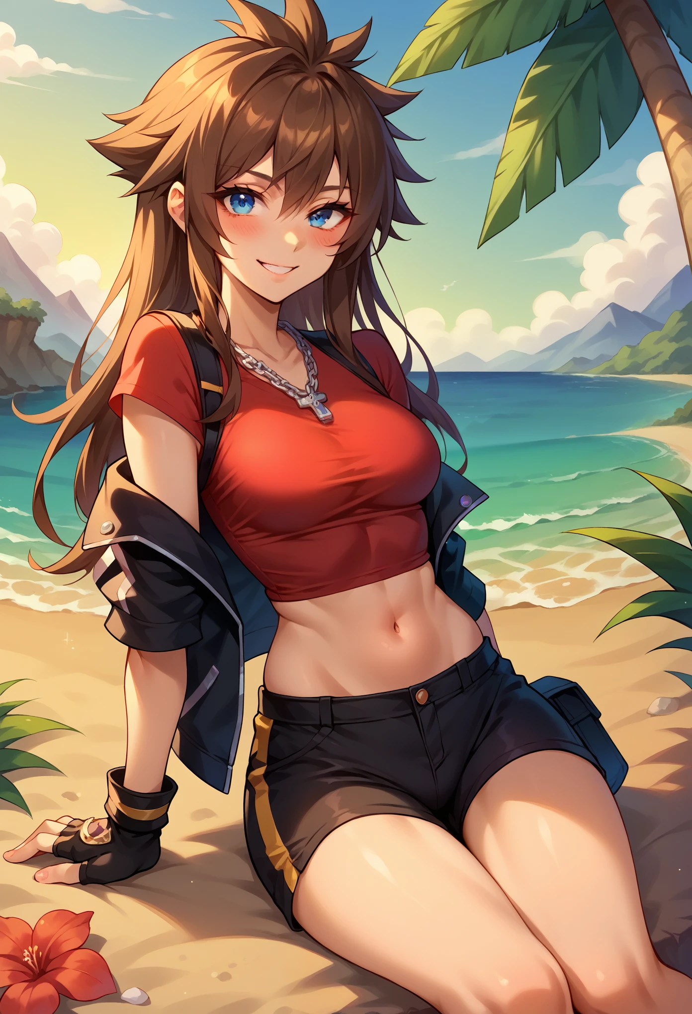 score_9, score_8_up, score_7_up, 1girl, solo, female focus, female body, skinny, sora, spiked hair, brown hair, (long hair:1.5), blue eyes, gloves, red details, red shirt, black jacket, black shorts, tight shorts, sleveeless, midriff, jewelry, fingerless gloves, necklace, sitting on ground, barefoot, blushing, smiling, , looking at you, island, sand, tropical