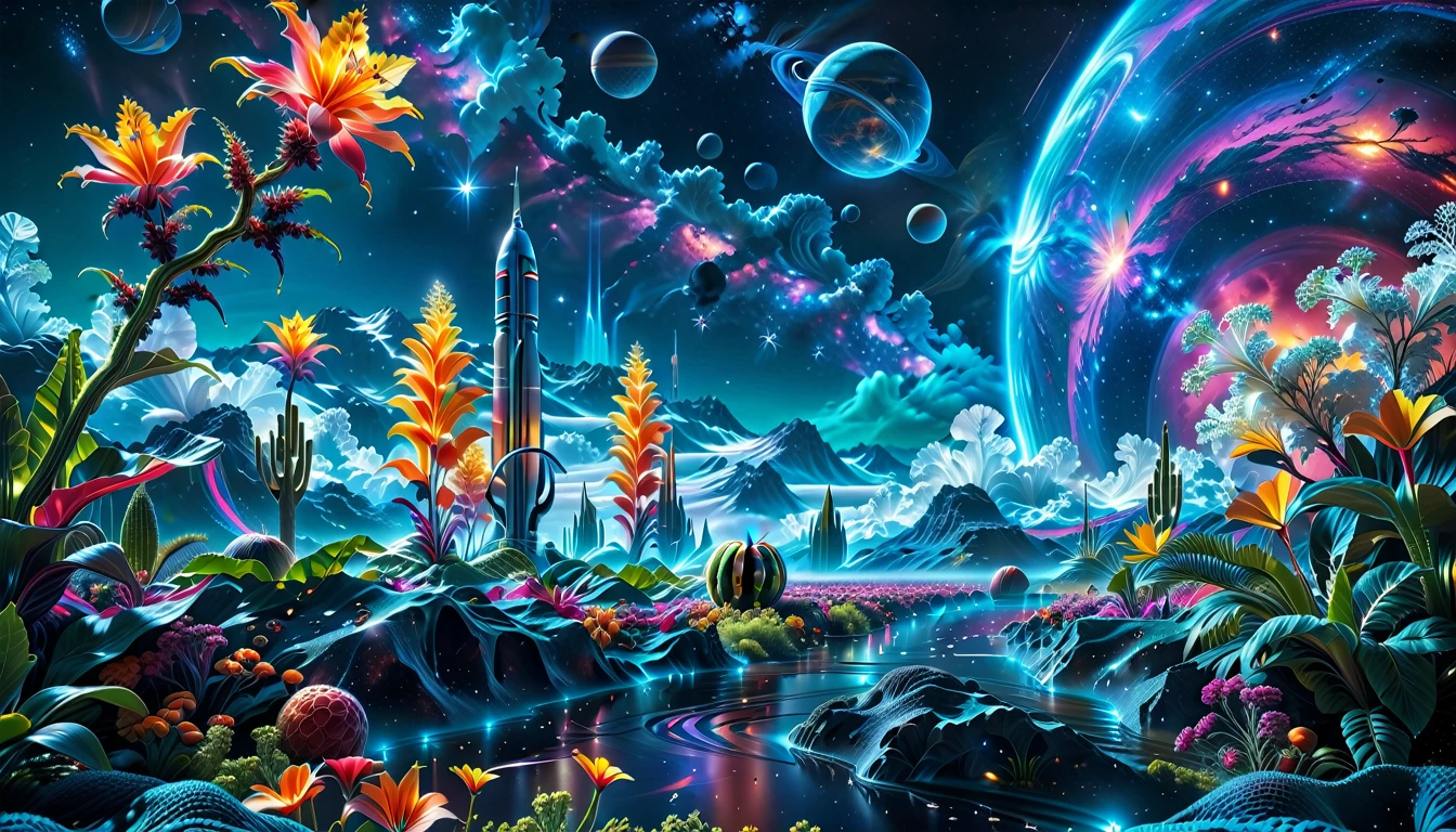 A Masterpiece In 32K Resolution, Supreme Quality, Super Detail, Official Art, Very High-Resolution 32K Wallpaper, Beautiful And Aesthetic, Ultra-Detailed Features, Awe-Inspiring Detail. A Breathtaking, Surreal Alien Landscape That Embodies The Wonders Of Interstellar Travel, With A Magnificent, Star-Filled Sky Stretching Across A Vibrant, Colorful Horizon. Strange, Exotic Alien Flowers Of All Shapes And Sizes Bloom Throughout The Scene, Surrounded By An Array Of Luscious, Otherworldly Fruits. The Image Is Rendered In Stunning 4K Or 8K Resolution, Capturing Every Intricate Detail With Perfection. The Scene Is Both Hyper-Realistic And Visually Immersive, Blending Advanced Illustration Techniques With 3D Rendering To Create A Masterpiece Of Craftsmanship. The Vivid Colors Enhance The Surreal Atmosphere, While The Meticulously Designed Lighting Captures Intricate Shifts In Light And Shadow, Adding Layers Of Depth And Richness To The Scene. Every Detail Is Presented With Unparalleled Clarity, Drawing The Viewer Into A Magical, Awe-Inspiring Realm. This Work Stirs Curiosity And Wonder, Inviting The Audience To Experience The Extraordinary Beauty Of Nature In An Entirely New Dimension.