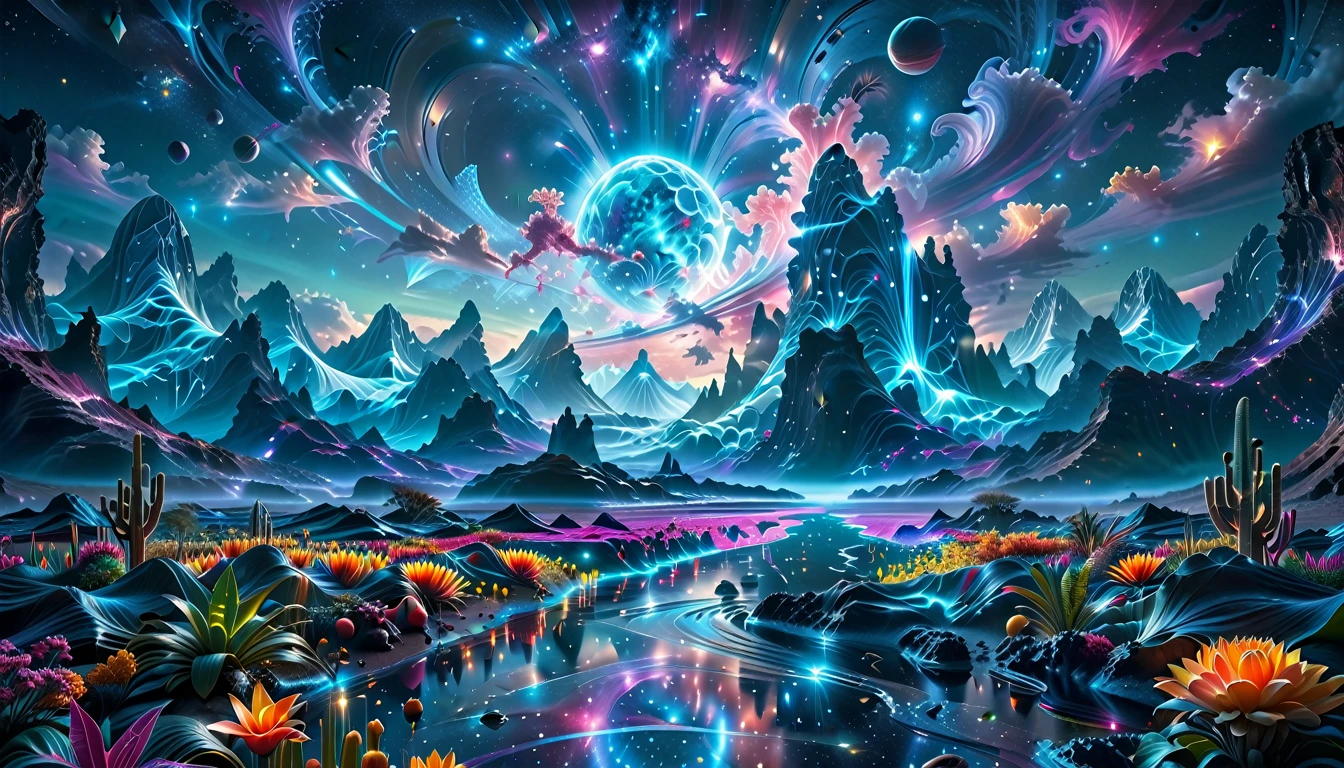 A Masterpiece In 32K Resolution, Supreme Quality, Super Detail, Official Art, Very High-Resolution 32K Wallpaper, Beautiful And Aesthetic, Ultra-Detailed Features, Awe-Inspiring Detail. A Breathtaking, Surreal Alien Landscape That Embodies The Wonders Of Interstellar Travel, With A Magnificent, Star-Filled Sky Stretching Across A Vibrant, Colorful Horizon. Strange, Exotic Alien Flowers Of All Shapes And Sizes Bloom Throughout The Scene, Surrounded By An Array Of Luscious, Otherworldly Fruits. The Image Is Rendered In Stunning 4K Or 8K Resolution, Capturing Every Intricate Detail With Perfection. The Scene Is Both Hyper-Realistic And Visually Immersive, Blending Advanced Illustration Techniques With 3D Rendering To Create A Masterpiece Of Craftsmanship. The Vivid Colors Enhance The Surreal Atmosphere, While The Meticulously Designed Lighting Captures Intricate Shifts In Light And Shadow, Adding Layers Of Depth And Richness To The Scene. Every Detail Is Presented With Unparalleled Clarity, Drawing The Viewer Into A Magical, Awe-Inspiring Realm. This Work Stirs Curiosity And Wonder, Inviting The Audience To Experience The Extraordinary Beauty Of Nature In An Entirely New Dimension.