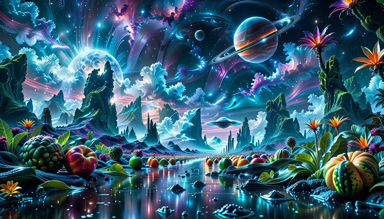 A Masterpiece In 32K Resolution, Supreme Quality, Super Detail, Official Art, Very High-Resolution 32K Wallpaper, Beautiful And Aesthetic, Ultra-Detailed Features, Awe-Inspiring Detail. A Breathtaking, Surreal Alien Landscape That Embodies The Wonders Of Interstellar Travel, With A Magnificent, Star-Filled Sky Stretching Across A Vibrant, Colorful Horizon. Strange, Exotic Alien Flowers Of All Shapes And Sizes Bloom Throughout The Scene, Surrounded By An Array Of Luscious, Otherworldly Fruits. The Image Is Rendered In Stunning 4K Or 8K Resolution, Capturing Every Intricate Detail With Perfection. The Scene Is Both Hyper-Realistic And Visually Immersive, Blending Advanced Illustration Techniques With 3D Rendering To Create A Masterpiece Of Craftsmanship. The Vivid Colors Enhance The Surreal Atmosphere, While The Meticulously Designed Lighting Captures Intricate Shifts In Light And Shadow, Adding Layers Of Depth And Richness To The Scene. Every Detail Is Presented With Unparalleled Clarity, Drawing The Viewer Into A Magical, Awe-Inspiring Realm. This Work Stirs Curiosity And Wonder, Inviting The Audience To Experience The Extraordinary Beauty Of Nature In An Entirely New Dimension.