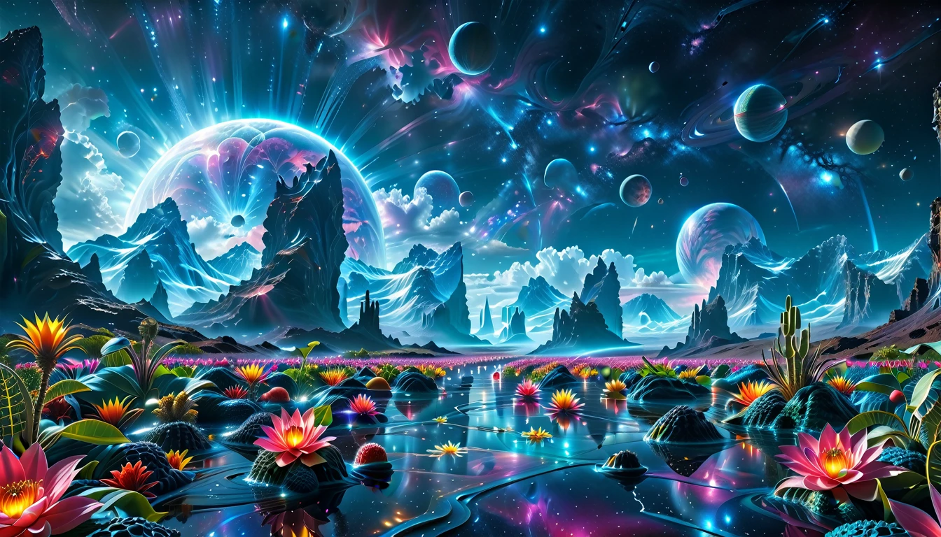 A Masterpiece In 32K Resolution, Supreme Quality, Super Detail, Official Art, Very High-Resolution 32K Wallpaper, Beautiful And Aesthetic, Ultra-Detailed Features, Awe-Inspiring Detail. A Breathtaking, Surreal Alien Landscape That Embodies The Wonders Of Interstellar Travel, With A Magnificent, Star-Filled Sky Stretching Across A Vibrant, Colorful Horizon. Strange, Exotic Alien Flowers Of All Shapes And Sizes Bloom Throughout The Scene, Surrounded By An Array Of Luscious, Otherworldly Fruits. The Image Is Rendered In Stunning 4K Or 8K Resolution, Capturing Every Intricate Detail With Perfection. The Scene Is Both Hyper-Realistic And Visually Immersive, Blending Advanced Illustration Techniques With 3D Rendering To Create A Masterpiece Of Craftsmanship. The Vivid Colors Enhance The Surreal Atmosphere, While The Meticulously Designed Lighting Captures Intricate Shifts In Light And Shadow, Adding Layers Of Depth And Richness To The Scene. Every Detail Is Presented With Unparalleled Clarity, Drawing The Viewer Into A Magical, Awe-Inspiring Realm. This Work Stirs Curiosity And Wonder, Inviting The Audience To Experience The Extraordinary Beauty Of Nature In An Entirely New Dimension.