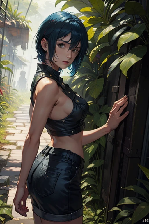 1girl, (solo), short ponytail hair, black hair, flat chest, black eyes, small size, tanned skin, perverted smile, red cheeks, naked, full body, very lots of cum on sex, sitting, (day), sunny, castle, town behind (very sexy body, detailed face, masterpiece, highly detailed, 8k, best quality, vibrant colors, digital art, concept art)