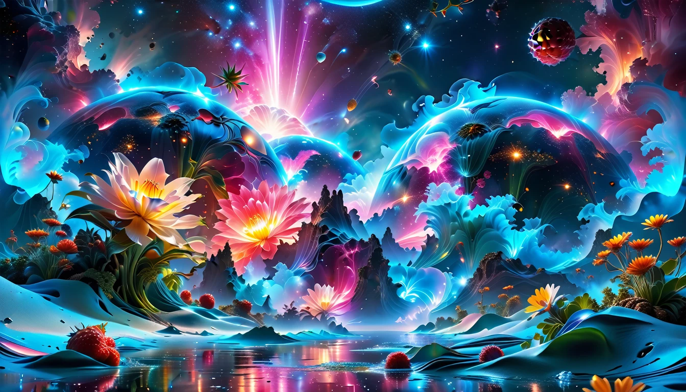 A Masterpiece In 32K Resolution, Supreme Quality, Super Detail, Official Art, Very High-Resolution 32K Wallpaper, Beautiful And Aesthetic, Ultra-Detailed Features, Awe-Inspiring Detail. A Breathtaking, Surreal Alien Landscape That Embodies The Wonders Of Interstellar Travel, With A Magnificent, Star-Filled Sky Stretching Across A Vibrant, Colorful Horizon. Strange, Exotic Alien Flowers Of All Shapes And Sizes Bloom Throughout The Scene, Surrounded By An Array Of Luscious, Otherworldly Fruits. The Image Is Rendered In Stunning 4K Or 8K Resolution, Capturing Every Intricate Detail With Perfection. The Scene Is Both Hyper-Realistic And Visually Immersive, Blending Advanced Illustration Techniques With 3D Rendering To Create A Masterpiece Of Craftsmanship. The Vivid Colors Enhance The Surreal Atmosphere, While The Meticulously Designed Lighting Captures Intricate Shifts In Light And Shadow, Adding Layers Of Depth And Richness To The Scene. Every Detail Is Presented With Unparalleled Clarity, Drawing The Viewer Into A Magical, Awe-Inspiring Realm. This Work Stirs Curiosity And Wonder, Inviting The Audience To Experience The Extraordinary Beauty Of Nature In An Entirely New Dimension.