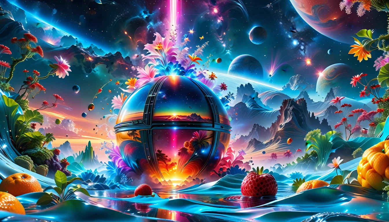 A Masterpiece In 32K Resolution, Supreme Quality, Super Detail, Official Art, Very High-Resolution 32K Wallpaper, Beautiful And Aesthetic, Ultra-Detailed Features, Awe-Inspiring Detail. A Breathtaking, Surreal Alien Landscape That Embodies The Wonders Of Interstellar Travel, With A Magnificent, Star-Filled Sky Stretching Across A Vibrant, Colorful Horizon. Strange, Exotic Alien Flowers Of All Shapes And Sizes Bloom Throughout The Scene, Surrounded By An Array Of Luscious, Otherworldly Fruits. The Image Is Rendered In Stunning 4K Or 8K Resolution, Capturing Every Intricate Detail With Perfection. The Scene Is Both Hyper-Realistic And Visually Immersive, Blending Advanced Illustration Techniques With 3D Rendering To Create A Masterpiece Of Craftsmanship. The Vivid Colors Enhance The Surreal Atmosphere, While The Meticulously Designed Lighting Captures Intricate Shifts In Light And Shadow, Adding Layers Of Depth And Richness To The Scene. Every Detail Is Presented With Unparalleled Clarity, Drawing The Viewer Into A Magical, Awe-Inspiring Realm. This Work Stirs Curiosity And Wonder, Inviting The Audience To Experience The Extraordinary Beauty Of Nature In An Entirely New Dimension.