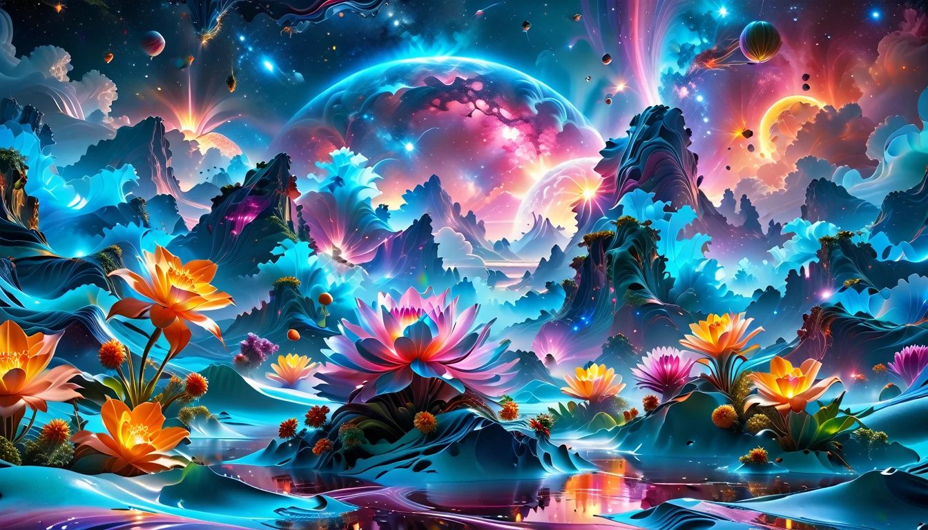 A Masterpiece In 32K Resolution, Supreme Quality, Super Detail, Official Art, Very High-Resolution 32K Wallpaper, Beautiful And Aesthetic, Ultra-Detailed Features, Awe-Inspiring Detail. A Breathtaking, Surreal Alien Landscape That Embodies The Wonders Of Interstellar Travel, With A Magnificent, Star-Filled Sky Stretching Across A Vibrant, Colorful Horizon. Strange, Exotic Alien Flowers Of All Shapes And Sizes Bloom Throughout The Scene, Surrounded By An Array Of Luscious, Otherworldly Fruits. The Image Is Rendered In Stunning 4K Or 8K Resolution, Capturing Every Intricate Detail With Perfection. The Scene Is Both Hyper-Realistic And Visually Immersive, Blending Advanced Illustration Techniques With 3D Rendering To Create A Masterpiece Of Craftsmanship. The Vivid Colors Enhance The Surreal Atmosphere, While The Meticulously Designed Lighting Captures Intricate Shifts In Light And Shadow, Adding Layers Of Depth And Richness To The Scene. Every Detail Is Presented With Unparalleled Clarity, Drawing The Viewer Into A Magical, Awe-Inspiring Realm. This Work Stirs Curiosity And Wonder, Inviting The Audience To Experience The Extraordinary Beauty Of Nature In An Entirely New Dimension.