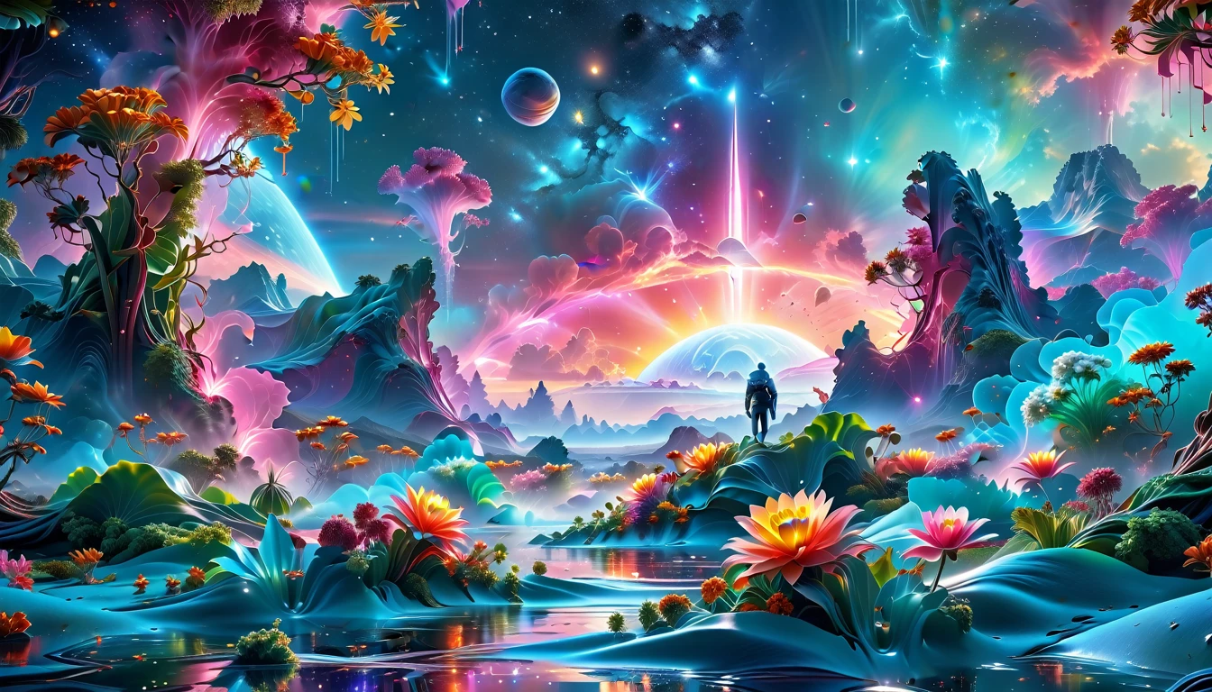 A Masterpiece In 32K Resolution, Supreme Quality, Super Detail, Official Art, Very High-Resolution 32K Wallpaper, Beautiful And Aesthetic, Ultra-Detailed Features, Awe-Inspiring Detail. A Breathtaking, Surreal Alien Landscape That Embodies The Wonders Of Interstellar Travel, With A Magnificent, Star-Filled Sky Stretching Across A Vibrant, Colorful Horizon. Strange, Exotic Alien Flowers Of All Shapes And Sizes Bloom Throughout The Scene, Surrounded By An Array Of Luscious, Otherworldly Fruits. The Image Is Rendered In Stunning 4K Or 8K Resolution, Capturing Every Intricate Detail With Perfection. The Scene Is Both Hyper-Realistic And Visually Immersive, Blending Advanced Illustration Techniques With 3D Rendering To Create A Masterpiece Of Craftsmanship. The Vivid Colors Enhance The Surreal Atmosphere, While The Meticulously Designed Lighting Captures Intricate Shifts In Light And Shadow, Adding Layers Of Depth And Richness To The Scene. Every Detail Is Presented With Unparalleled Clarity, Drawing The Viewer Into A Magical, Awe-Inspiring Realm. This Work Stirs Curiosity And Wonder, Inviting The Audience To Experience The Extraordinary Beauty Of Nature In An Entirely New Dimension.