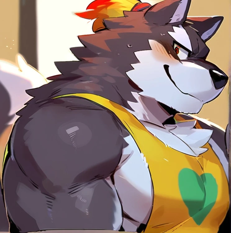 (artist: noku13456, jacketbear,lindong, null-ghost, dangpa, gamma_g, kulplant),male, wolf, , big chest, simple bg, one fluffy tail, grey body, , solo, shirt soft,, shirt, shirt  detailed face:2.0, one tail, masterpiece:2.0, perfect eyes:2.0, good anatomy:2.0 by hyaku hyaku retro anime style, 80s anime style, anime artstyle, cute, cute, hyper cute 

standing in a coy, flirtatious pose, revealing his heart painted rear to the viewer: 1.3)), by noku13456, by jacketbear, by lindong, by null-ghost, by dangpa, by gamma_g, by kulplant, in the style of retro 80s anime, cute and hyper-cute, smile smile