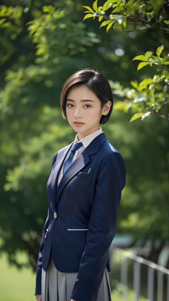 High resolution、masterpiece、Textured Skin、High image quality、超High resolution、Very detailed、woman、Look at, low length、Large Breasts、Anatomically correct, Short Hair、Japanese high school blazer uniform、