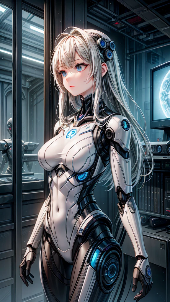 1girl,solo, long hair,blue eye,white hair, curvy,breasts ,humanoid robot, joints, robot, robot joints, shiny, shiny skin, thighs, robot, humanoid robot, robot girl,(colored skin), hanger,( in container, stasis tank, bubble, underwater,) laboratory, expressionless,cowboy shot,