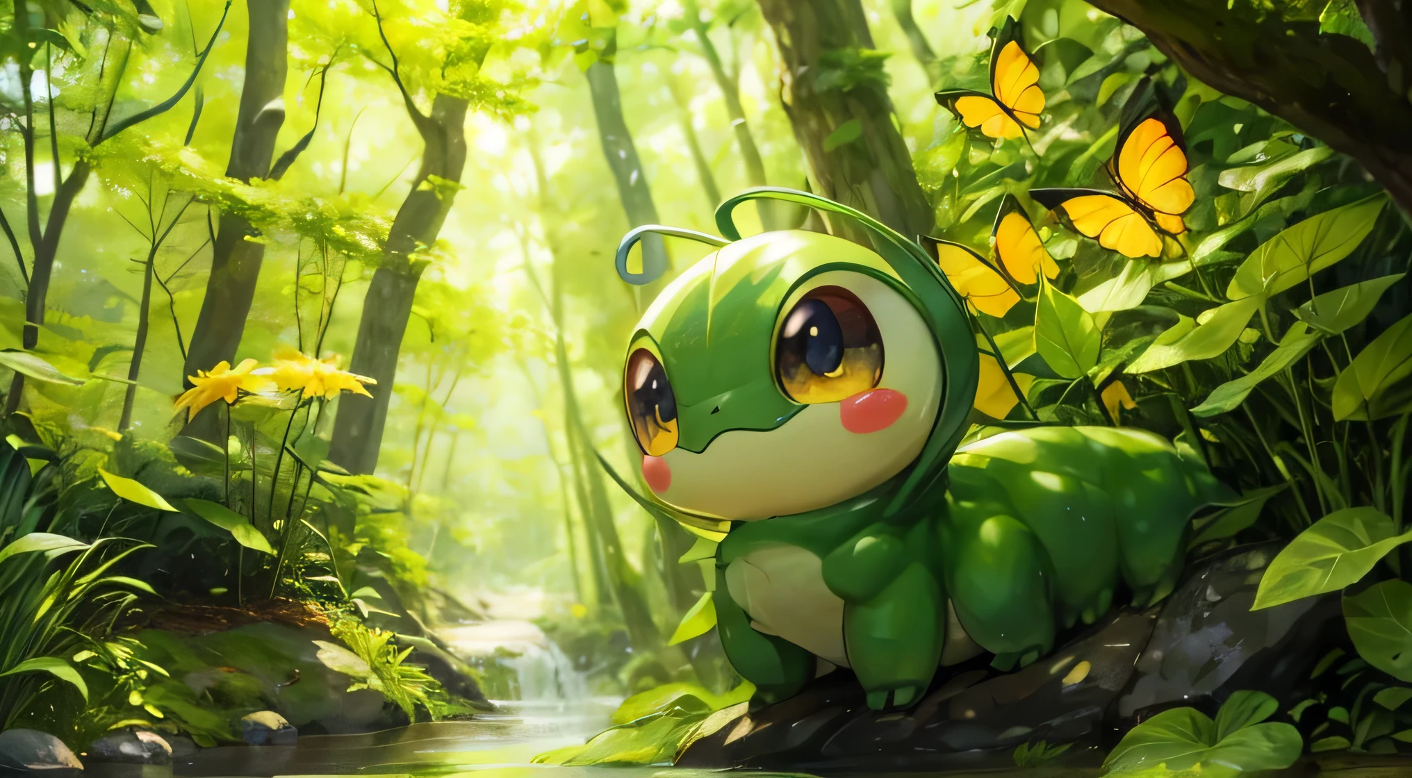 pokémon caterpie, a beautiful green forest, silk threads scattered around, yellow sun, good lighting, high image quality, trees with vibrant leaves, soft lighting, bright green grass, only 1 caterpie, rainbow butterflies flying, rainbow in the background, radiant sun, 4 pairs of catfish legs, cute caterpie, female caterpie, caterpie sem chifre, caterpie verde e branco, cute round black eyes, frog-like mouth, beautiful forest, caterpie bonito e fofo, small stream