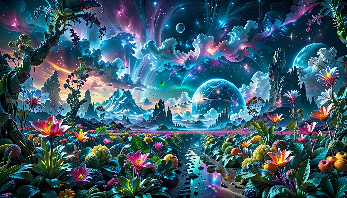 A Masterpiece In 32K Resolution, Supreme Quality, Super Detail, Official Art, Very High-Resolution 32K Wallpaper, Beautiful And Aesthetic, Ultra-Detailed Features, Awe-Inspiring Detail. A Breathtaking, Surreal Alien Landscape That Embodies The Wonders Of Interstellar Travel, With A Magnificent, Star-Filled Sky Stretching Across A Vibrant, Colorful Horizon. Strange, Exotic Alien Flowers Of All Shapes And Sizes Bloom Throughout The Scene, Surrounded By An Array Of Luscious, Otherworldly Fruits. The Image Is Rendered In Stunning 4K Or 8K Resolution, Capturing Every Intricate Detail With Perfection. The Scene Is Both Hyper-Realistic And Visually Immersive, Blending Advanced Illustration Techniques With 3D Rendering To Create A Masterpiece Of Craftsmanship. The Vivid Colors Enhance The Surreal Atmosphere, While The Meticulously Designed Lighting Captures Intricate Shifts In Light And Shadow, Adding Layers Of Depth And Richness To The Scene. Every Detail Is Presented With Unparalleled Clarity, Drawing The Viewer Into A Magical, Awe-Inspiring Realm. This Work Stirs Curiosity And Wonder, Inviting The Audience To Experience The Extraordinary Beauty Of Nature In An Entirely New Dimension.