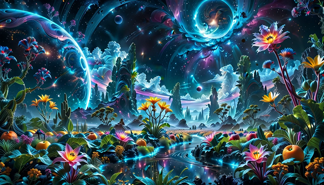 A Masterpiece In 32K Resolution, Supreme Quality, Super Detail, Official Art, Very High-Resolution 32K Wallpaper, Beautiful And Aesthetic, Ultra-Detailed Features, Awe-Inspiring Detail. A Breathtaking, Surreal Alien Landscape That Embodies The Wonders Of Interstellar Travel, With A Magnificent, Star-Filled Sky Stretching Across A Vibrant, Colorful Horizon. Strange, Exotic Alien Flowers Of All Shapes And Sizes Bloom Throughout The Scene, Surrounded By An Array Of Luscious, Otherworldly Fruits. The Image Is Rendered In Stunning 4K Or 8K Resolution, Capturing Every Intricate Detail With Perfection. The Scene Is Both Hyper-Realistic And Visually Immersive, Blending Advanced Illustration Techniques With 3D Rendering To Create A Masterpiece Of Craftsmanship. The Vivid Colors Enhance The Surreal Atmosphere, While The Meticulously Designed Lighting Captures Intricate Shifts In Light And Shadow, Adding Layers Of Depth And Richness To The Scene. Every Detail Is Presented With Unparalleled Clarity, Drawing The Viewer Into A Magical, Awe-Inspiring Realm. This Work Stirs Curiosity And Wonder, Inviting The Audience To Experience The Extraordinary Beauty Of Nature In An Entirely New Dimension.