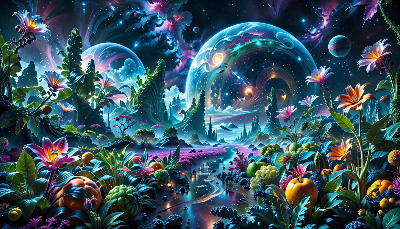 A Masterpiece In 32K Resolution, Supreme Quality, Super Detail, Official Art, Very High-Resolution 32K Wallpaper, Beautiful And Aesthetic, Ultra-Detailed Features, Awe-Inspiring Detail. A Breathtaking, Surreal Alien Landscape That Embodies The Wonders Of Interstellar Travel, With A Magnificent, Star-Filled Sky Stretching Across A Vibrant, Colorful Horizon. Strange, Exotic Alien Flowers Of All Shapes And Sizes Bloom Throughout The Scene, Surrounded By An Array Of Luscious, Otherworldly Fruits. The Image Is Rendered In Stunning 4K Or 8K Resolution, Capturing Every Intricate Detail With Perfection. The Scene Is Both Hyper-Realistic And Visually Immersive, Blending Advanced Illustration Techniques With 3D Rendering To Create A Masterpiece Of Craftsmanship. The Vivid Colors Enhance The Surreal Atmosphere, While The Meticulously Designed Lighting Captures Intricate Shifts In Light And Shadow, Adding Layers Of Depth And Richness To The Scene. Every Detail Is Presented With Unparalleled Clarity, Drawing The Viewer Into A Magical, Awe-Inspiring Realm. This Work Stirs Curiosity And Wonder, Inviting The Audience To Experience The Extraordinary Beauty Of Nature In An Entirely New Dimension.