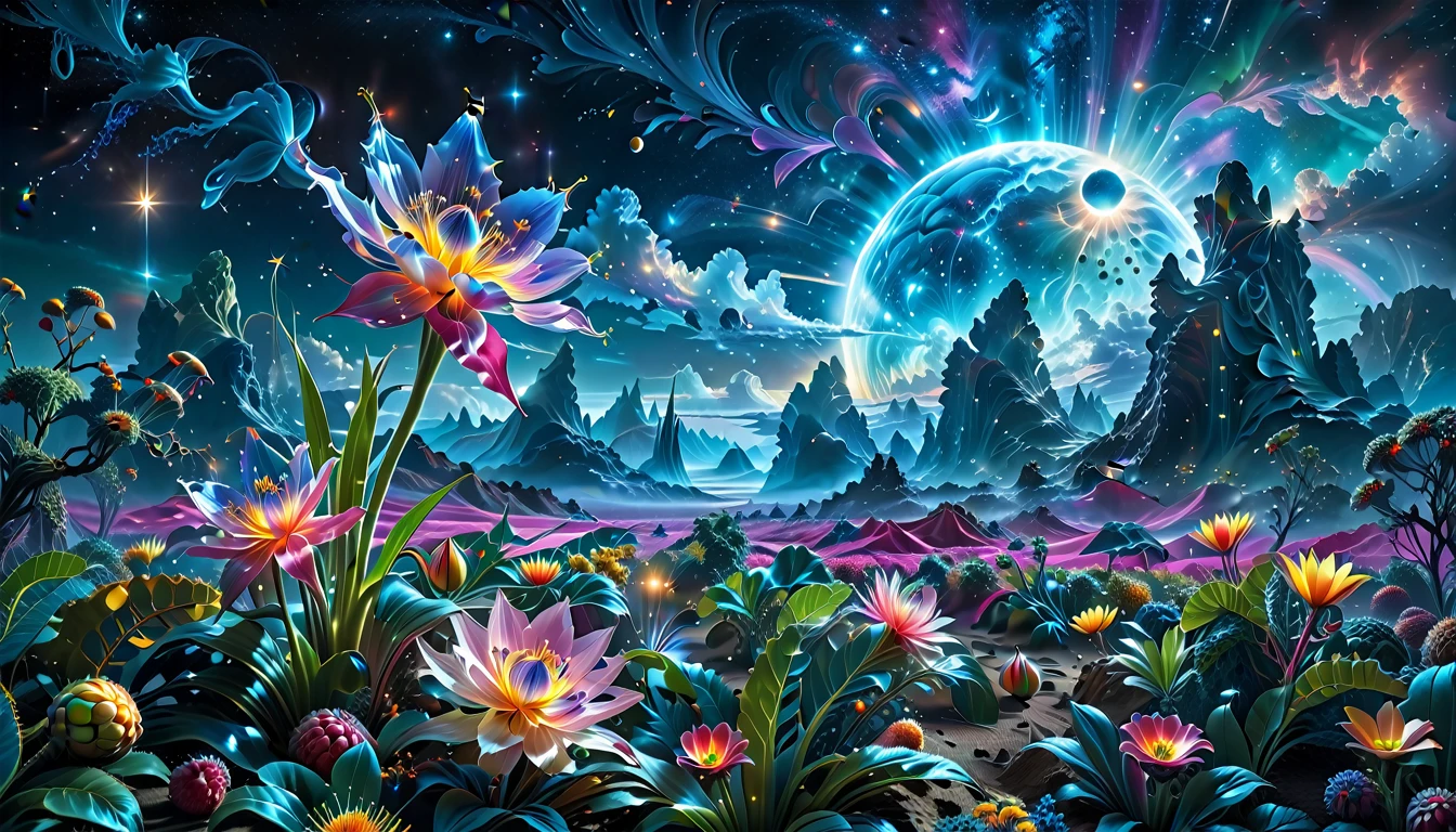 A Masterpiece In 32K Resolution, Supreme Quality, Super Detail, Official Art, Very High-Resolution 32K Wallpaper, Beautiful And Aesthetic, Ultra-Detailed Features, Awe-Inspiring Detail. A Breathtaking, Surreal Alien Landscape That Embodies The Wonders Of Interstellar Travel, With A Magnificent, Star-Filled Sky Stretching Across A Vibrant, Colorful Horizon. Strange, Exotic Alien Flowers Of All Shapes And Sizes Bloom Throughout The Scene, Surrounded By An Array Of Luscious, Otherworldly Fruits. The Image Is Rendered In Stunning 4K Or 8K Resolution, Capturing Every Intricate Detail With Perfection. The Scene Is Both Hyper-Realistic And Visually Immersive, Blending Advanced Illustration Techniques With 3D Rendering To Create A Masterpiece Of Craftsmanship. The Vivid Colors Enhance The Surreal Atmosphere, While The Meticulously Designed Lighting Captures Intricate Shifts In Light And Shadow, Adding Layers Of Depth And Richness To The Scene. Every Detail Is Presented With Unparalleled Clarity, Drawing The Viewer Into A Magical, Awe-Inspiring Realm. This Work Stirs Curiosity And Wonder, Inviting The Audience To Experience The Extraordinary Beauty Of Nature In An Entirely New Dimension.