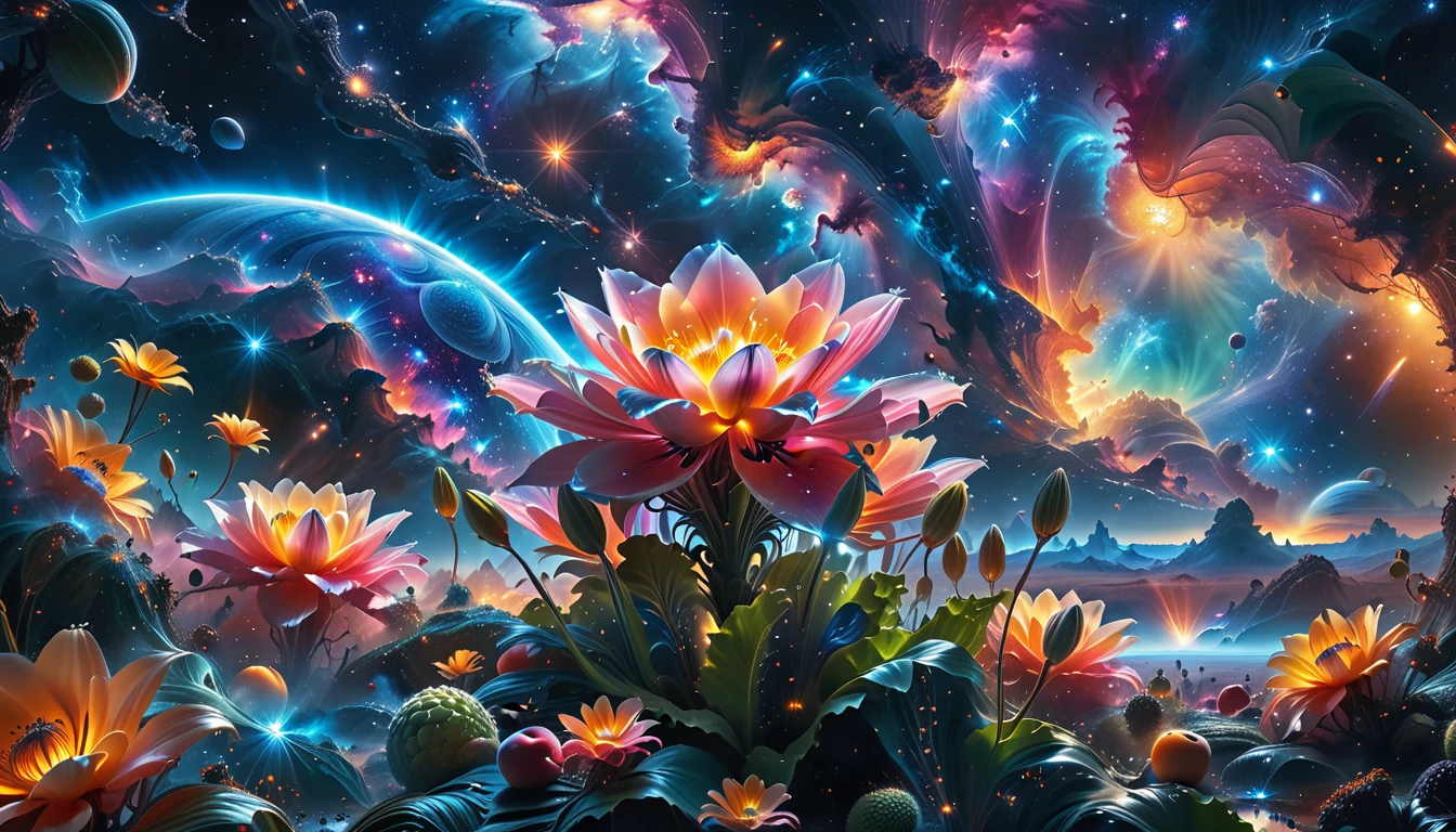 A Masterpiece In 32K Resolution, Supreme Quality, Super Detail, Official Art, Very High-Resolution 32K Wallpaper, Beautiful And Aesthetic, Ultra-Detailed Features, Awe-Inspiring Detail. A Breathtaking, Surreal Alien Landscape That Embodies The Wonders Of Interstellar Travel, With A Magnificent, Star-Filled Sky Stretching Across A Vibrant, Colorful Horizon. Strange, Exotic Alien Flowers Of All Shapes And Sizes Bloom Throughout The Scene, Surrounded By An Array Of Luscious, Otherworldly Fruits. The Image Is Rendered In Stunning 4K Or 8K Resolution, Capturing Every Intricate Detail With Perfection. The Scene Is Both Hyper-Realistic And Visually Immersive, Blending Advanced Illustration Techniques With 3D Rendering To Create A Masterpiece Of Craftsmanship. The Vivid Colors Enhance The Surreal Atmosphere, While The Meticulously Designed Lighting Captures Intricate Shifts In Light And Shadow, Adding Layers Of Depth And Richness To The Scene. Every Detail Is Presented With Unparalleled Clarity, Drawing The Viewer Into A Magical, Awe-Inspiring Realm. This Work Stirs Curiosity And Wonder, Inviting The Audience To Experience The Extraordinary Beauty Of Nature In An Entirely New Dimension.