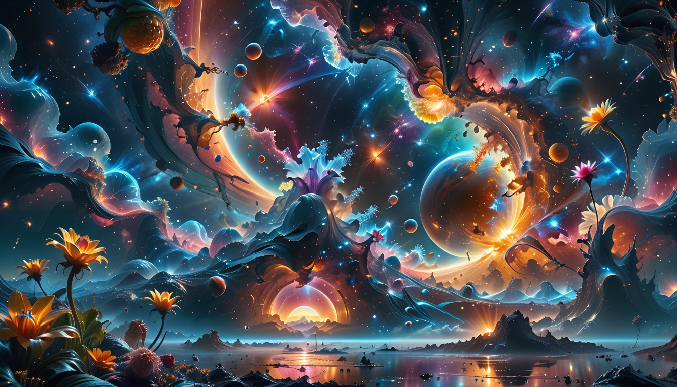 A Masterpiece In 32K Resolution, Supreme Quality, Super Detail, Official Art, Very High-Resolution 32K Wallpaper, Beautiful And Aesthetic, Ultra-Detailed Features, Awe-Inspiring Detail. A Breathtaking, Surreal Alien Landscape That Embodies The Wonders Of Interstellar Travel, With A Magnificent, Star-Filled Sky Stretching Across A Vibrant, Colorful Horizon. Strange, Exotic Alien Flowers Of All Shapes And Sizes Bloom Throughout The Scene, Surrounded By An Array Of Luscious, Otherworldly Fruits. The Image Is Rendered In Stunning 4K Or 8K Resolution, Capturing Every Intricate Detail With Perfection. The Scene Is Both Hyper-Realistic And Visually Immersive, Blending Advanced Illustration Techniques With 3D Rendering To Create A Masterpiece Of Craftsmanship. The Vivid Colors Enhance The Surreal Atmosphere, While The Meticulously Designed Lighting Captures Intricate Shifts In Light And Shadow, Adding Layers Of Depth And Richness To The Scene. Every Detail Is Presented With Unparalleled Clarity, Drawing The Viewer Into A Magical, Awe-Inspiring Realm. This Work Stirs Curiosity And Wonder, Inviting The Audience To Experience The Extraordinary Beauty Of Nature In An Entirely New Dimension.