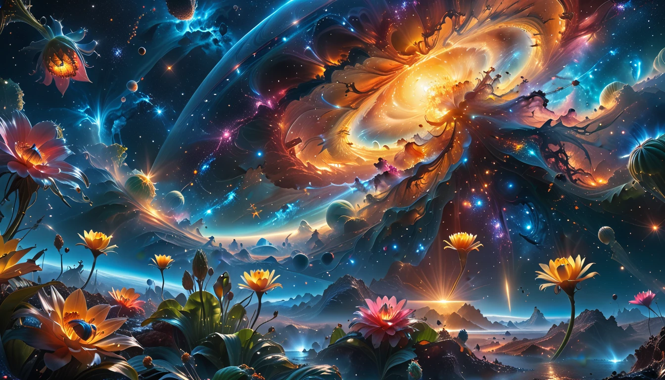 A Masterpiece In 32K Resolution, Supreme Quality, Super Detail, Official Art, Very High-Resolution 32K Wallpaper, Beautiful And Aesthetic, Ultra-Detailed Features, Awe-Inspiring Detail. A Breathtaking, Surreal Alien Landscape That Embodies The Wonders Of Interstellar Travel, With A Magnificent, Star-Filled Sky Stretching Across A Vibrant, Colorful Horizon. Strange, Exotic Alien Flowers Of All Shapes And Sizes Bloom Throughout The Scene, Surrounded By An Array Of Luscious, Otherworldly Fruits. The Image Is Rendered In Stunning 4K Or 8K Resolution, Capturing Every Intricate Detail With Perfection. The Scene Is Both Hyper-Realistic And Visually Immersive, Blending Advanced Illustration Techniques With 3D Rendering To Create A Masterpiece Of Craftsmanship. The Vivid Colors Enhance The Surreal Atmosphere, While The Meticulously Designed Lighting Captures Intricate Shifts In Light And Shadow, Adding Layers Of Depth And Richness To The Scene. Every Detail Is Presented With Unparalleled Clarity, Drawing The Viewer Into A Magical, Awe-Inspiring Realm. This Work Stirs Curiosity And Wonder, Inviting The Audience To Experience The Extraordinary Beauty Of Nature In An Entirely New Dimension.