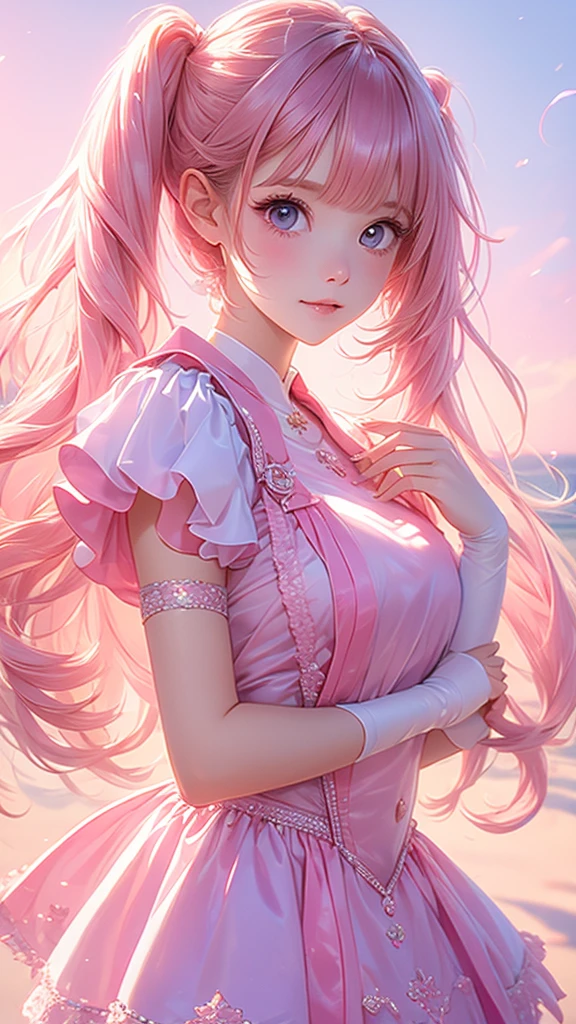 masterpiece, concept art, dynamic angle, a girl with pink hair blowing a bubble, by WLOP, featured on cgsociety, photorealism, lolita style, soft shadows on the face, sculpted out of candy, [ bubbles, naver fanpop, blonde anime girl with long hair, ( ( ( anime ) ) ), a human-like juicy peach